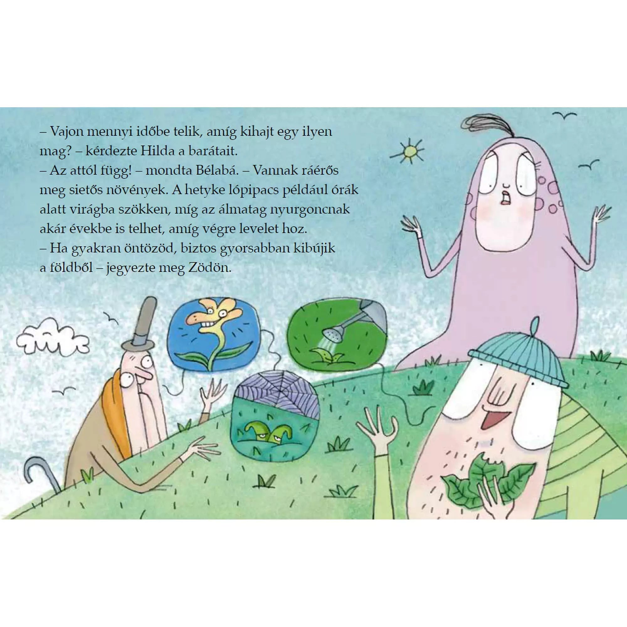 Rajzolt jelenet A kuflik és a lámpigyók című könyvből, ahol három kufli karakter beszélget egy fűvel borított dombon. A háttérben illusztrált nap, felhő és virágzó növények láthatók, miközben buborékokban különféle növények fejlődési állapotai jelennek meg.