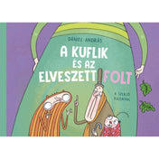 Dániel András: A kuflik és az elveszett folt című gyerekkönyv borítója. A vidám, színes illusztráción a kuflik három szereplője látható: a hosszúkás, kalapot viselő figura, a csíkos, vörösbarna testű kufli és a pöttyös ruhás, antennás szereplő. Mindannyian kíváncsian néznek felfelé, miközben a háttérben egy zöld ruhás alak törzse is látszik. A könyv címe nagy fehér és színes betűkkel szerepel a borítón, amely játékos és figyelemfelkeltő hangulatot áraszt.