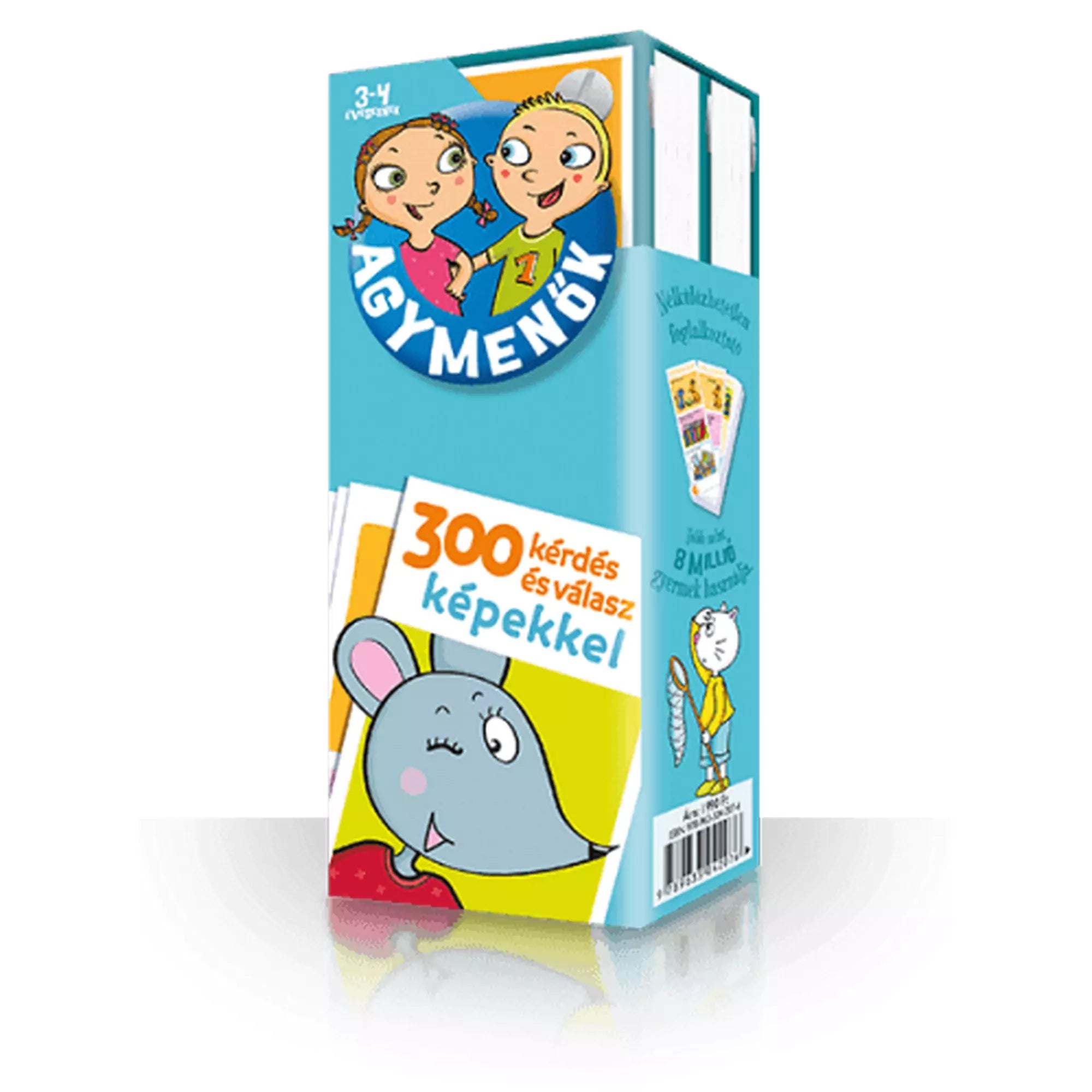 „Agymenők (3–4 éveseknek) – magyar nyelvű foglalkoztató kártyacsomag doboza, 300 kérdéssel és válasszal, színes illusztrációval.”