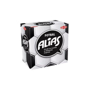 Alias Mini Foci társasjáték ikonikus futball-labdás dizájnú doboza látható.
