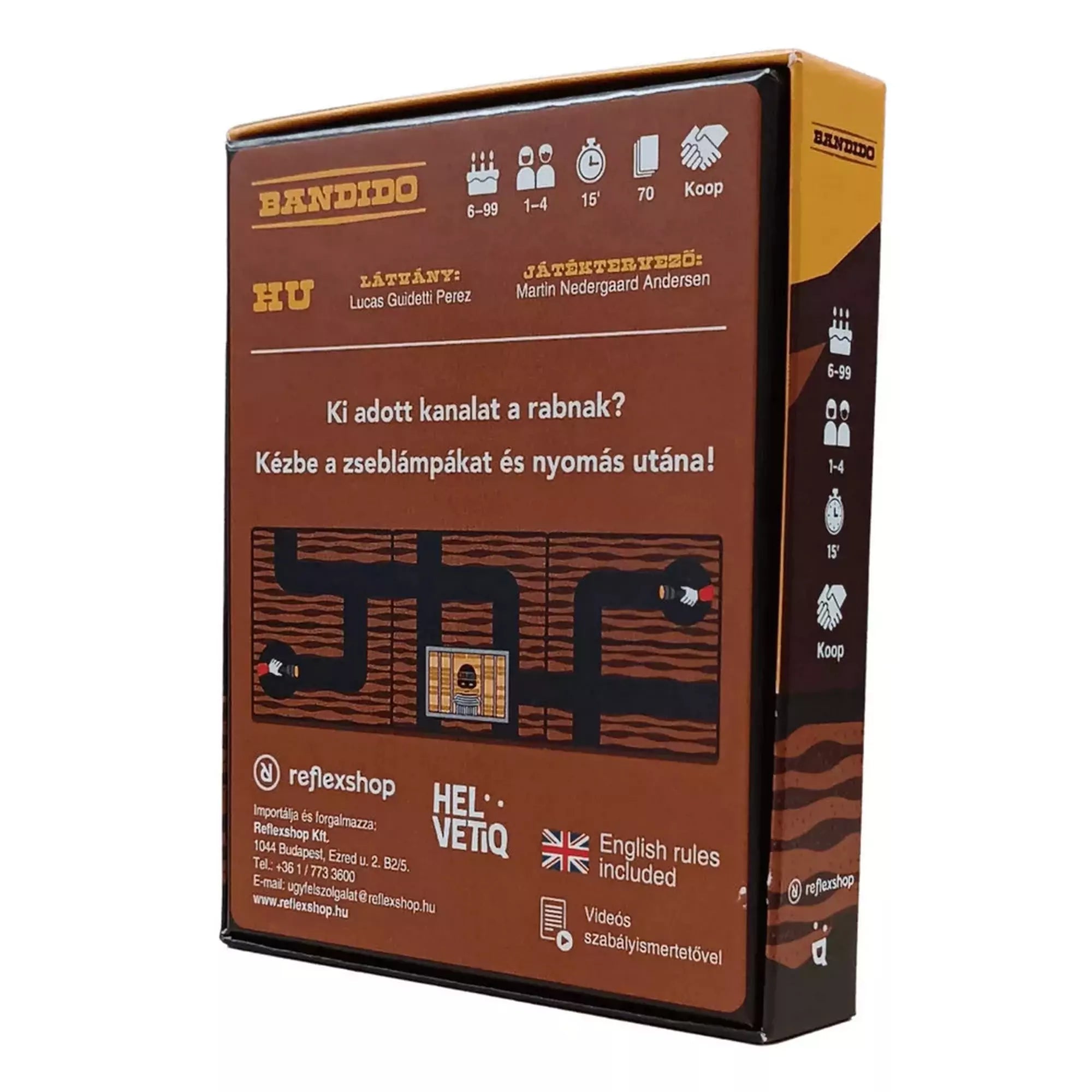 „A Bandido társasjáték dobozának hátoldala, alagútábrákkal és a játék főbb információival, magyar nyelvű kiadásban.”