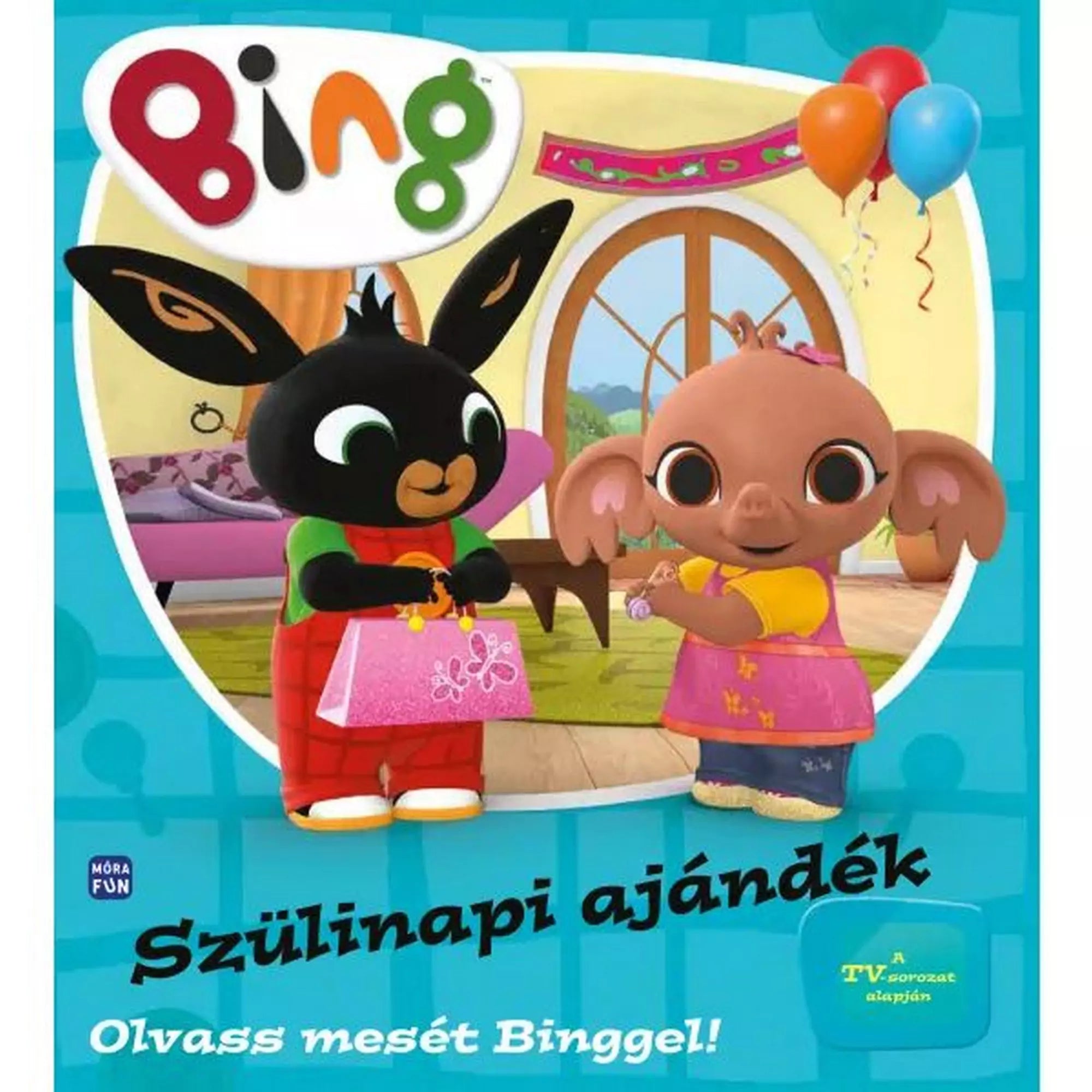 Bing – Szülinapi ajándék című mesekönyv borítója, amelyen Bing nyuszi rózsaszín ajándéktáskát nyújt át barátjának, Sula elefántnak, színes lufikkal díszített szülinapi hangulatban.