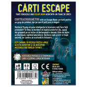 A ,,Cărți Escape Contracronometru" társasjáték hátoldala, amely részletesen ismerteti a játék szabályait és tartalmát.