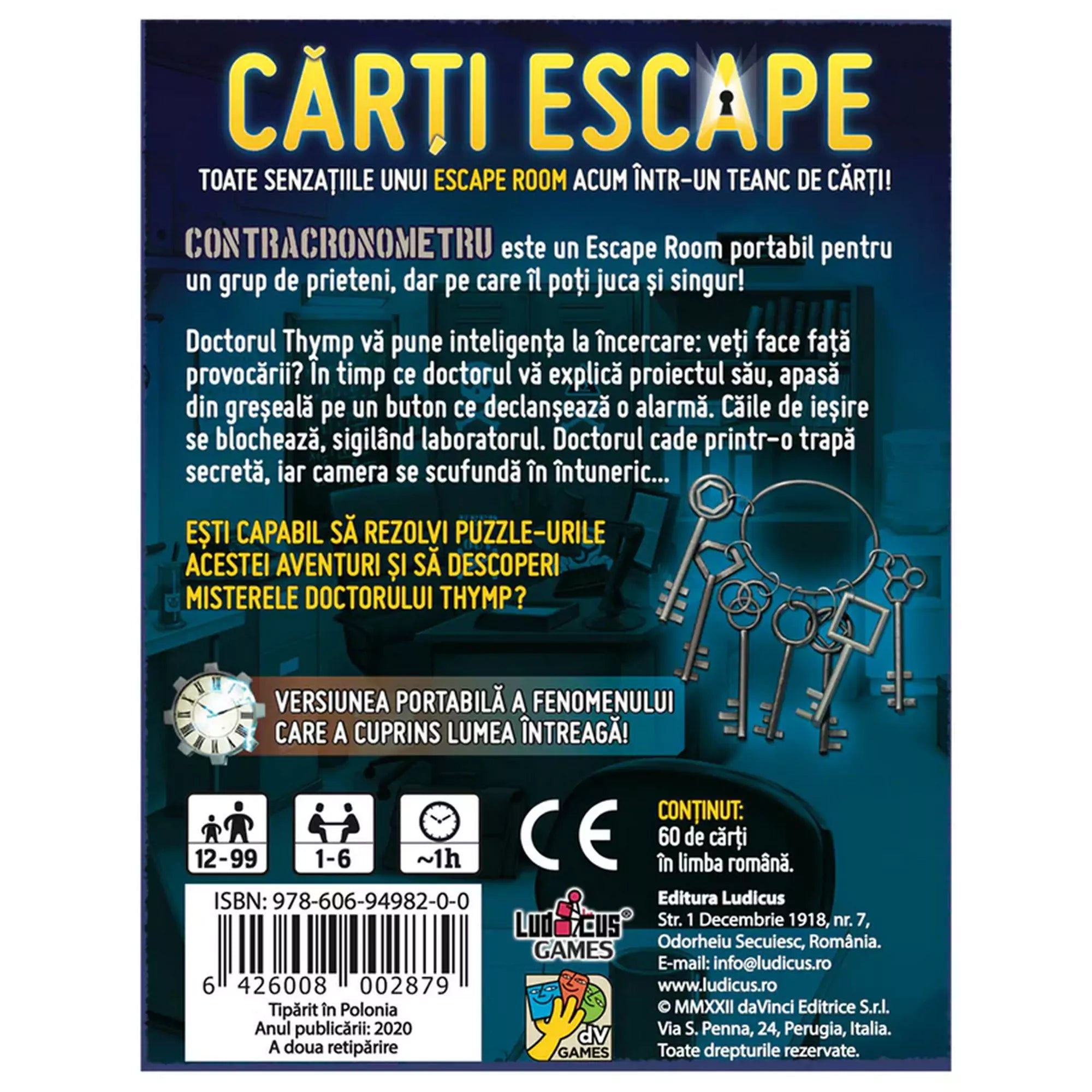 A ,,Cărți Escape Contracronometru" társasjáték hátoldala, amely részletesen ismerteti a játék szabályait és tartalmát.