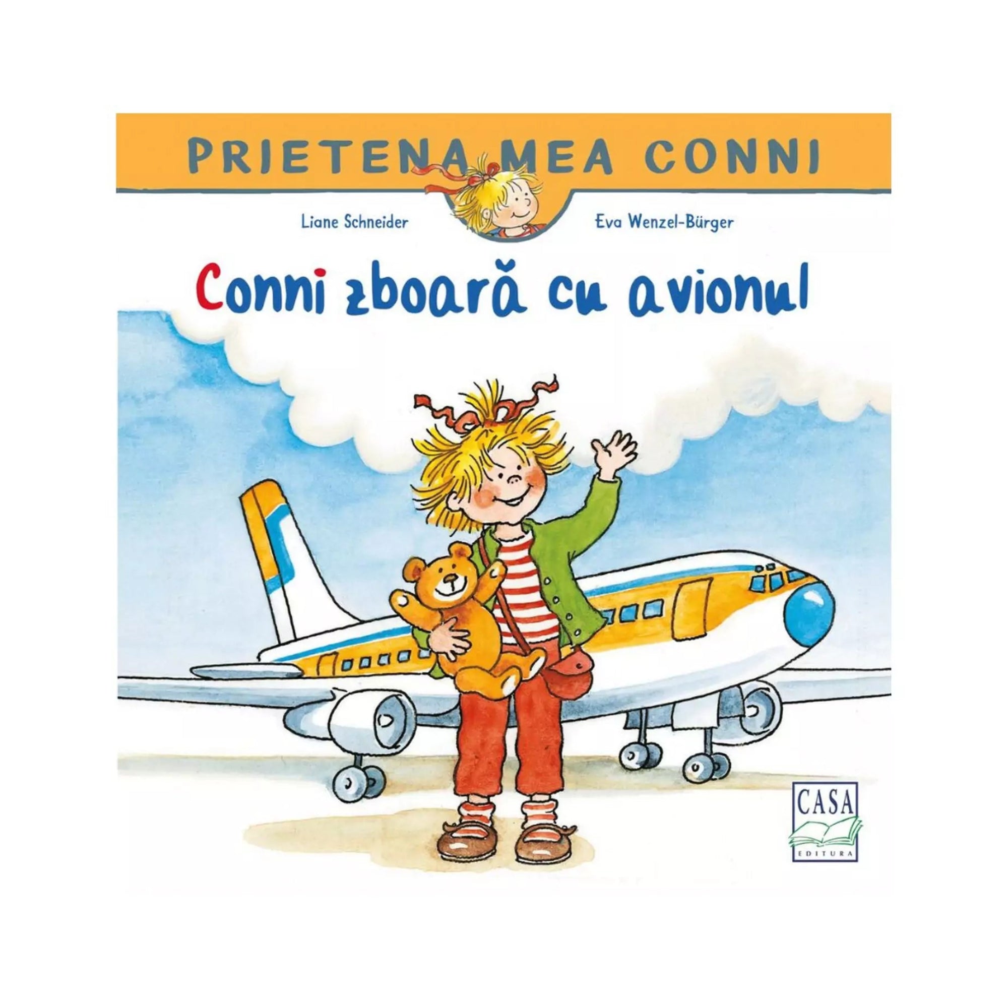 „Conni zboară cu avionul – Prietena mea Conni sorozat borítója, amelyen Conni mackóját ölelve integet egy repülőgép előtt.”
