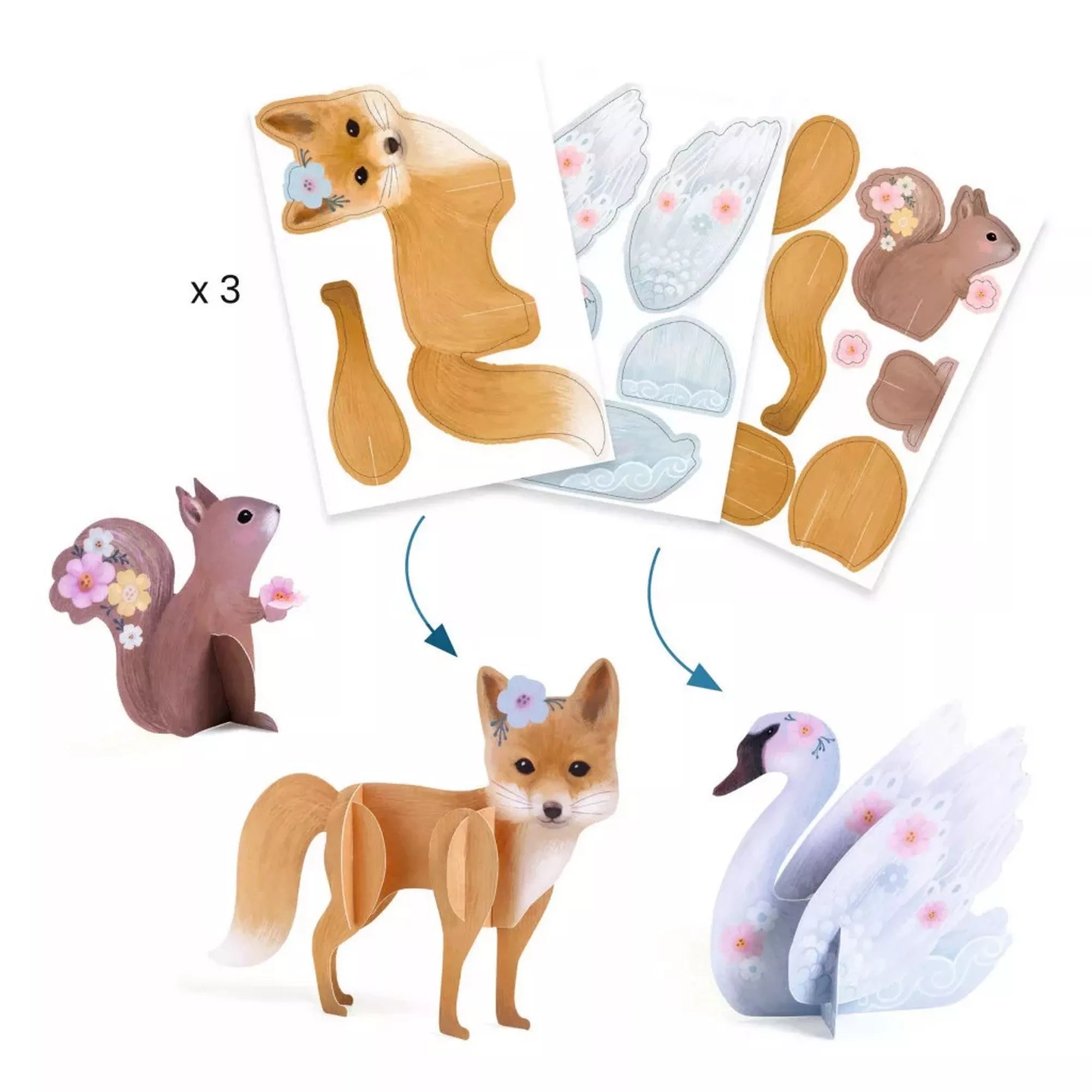 Djeco Fluffy! 3D állatfigurák összeállítása: róka, mókus és hattyú papírelemekből.