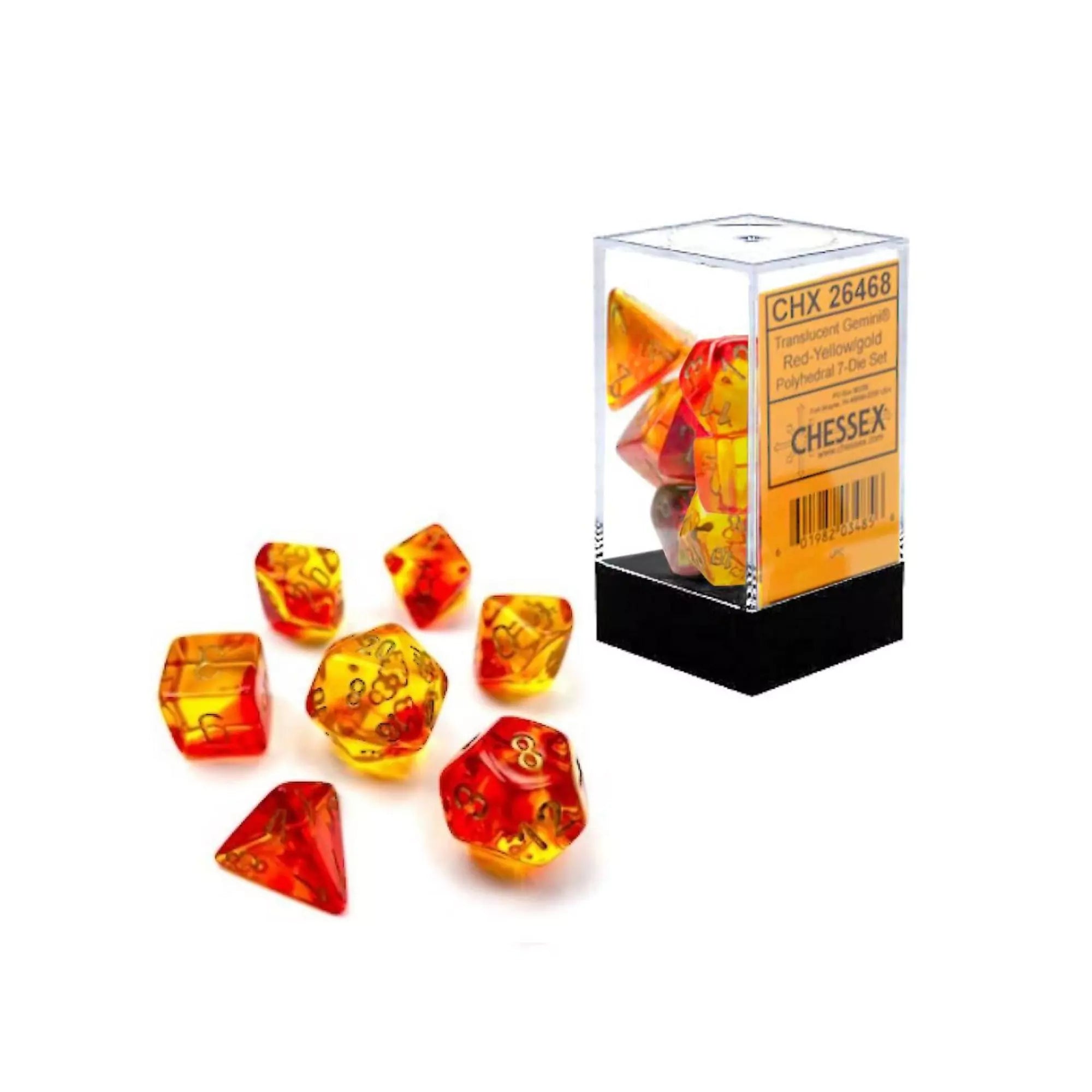 „Dobókocka szett áttetsző vörös, sárga, arany 7 darab – a Chessex Gemini készlet doboza és kockái asztalon elrendezve.”