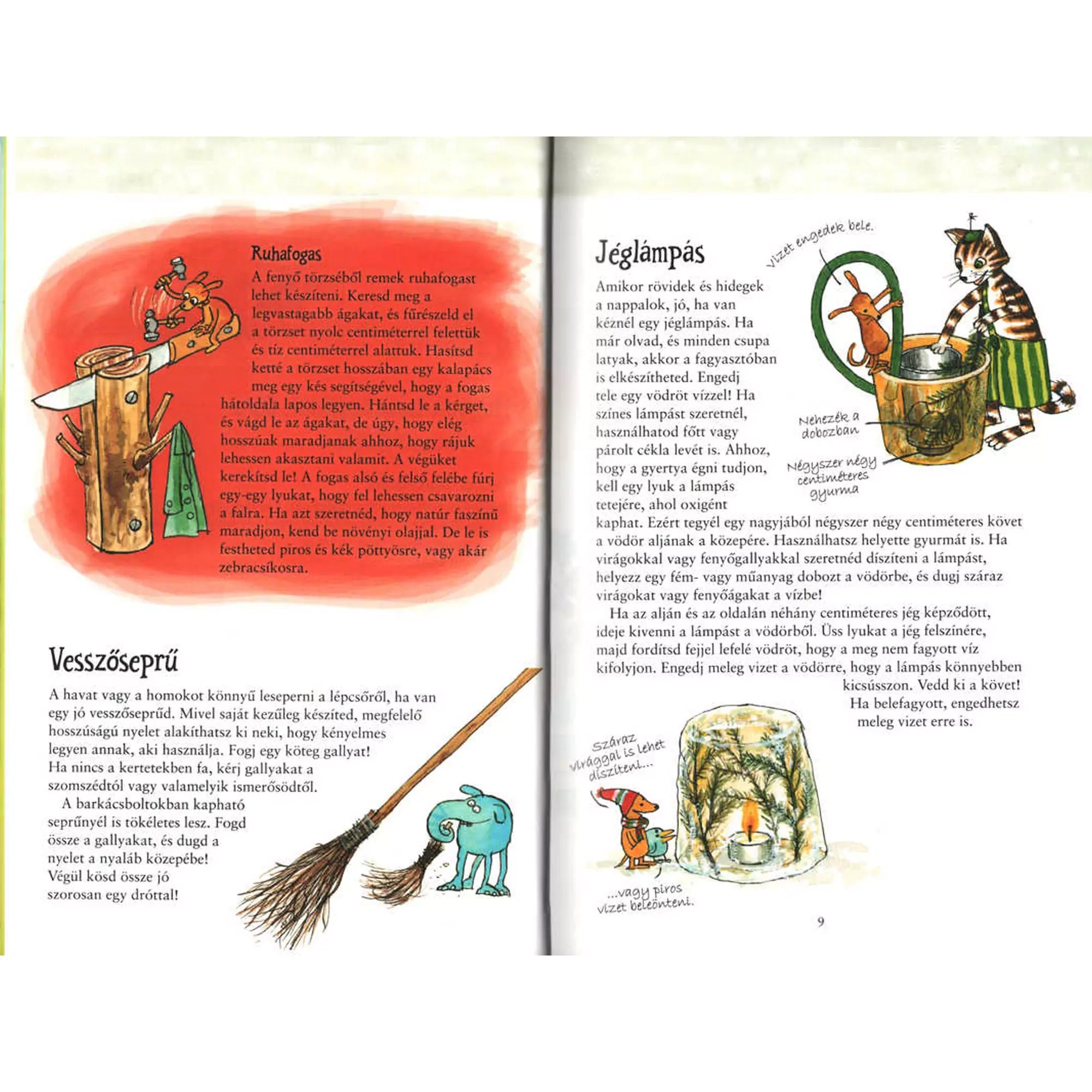 Az „Egész évben Pettsonnal és Findusszal” könyv illusztrált oldala ruhaakasztó, vesszősöprű és jéglámpás készítéséről, Findusz és más karakterek színes ábráival kiegészítve.