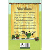 Az „Egész évben Pettsonnal és Findusszal” könyv hátoldala, zöld háttéren rövid ismertető a könyv tartalmáról, alján Findusszal, amint virágot locsol és szaladgál.