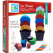 A Fagyi Álom fa memória- és egyensúlyjáték doboza, színes fagylaltgombóc formákkal és tölcsérrel, a koordináció és memória fejlesztésére.