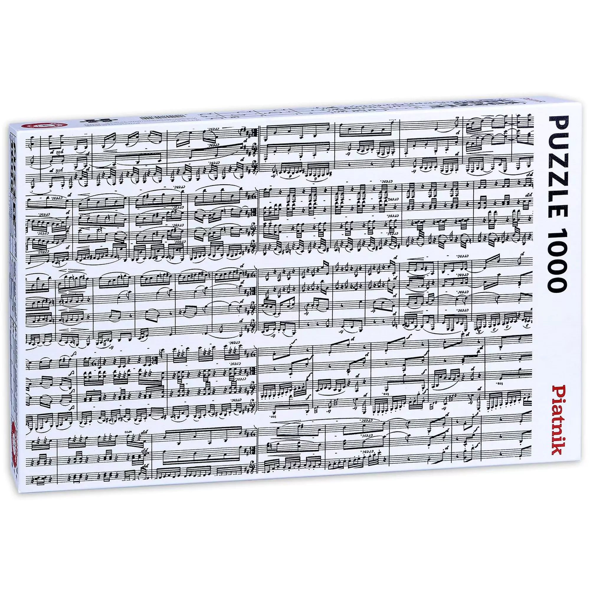 „A Hangjegyek 1000 darabos Piatnik puzzle doboza fekvő formátumban, amely zenei kottát ábrázol aprólékos hangjegyekkel és szimbólumokkal.”
