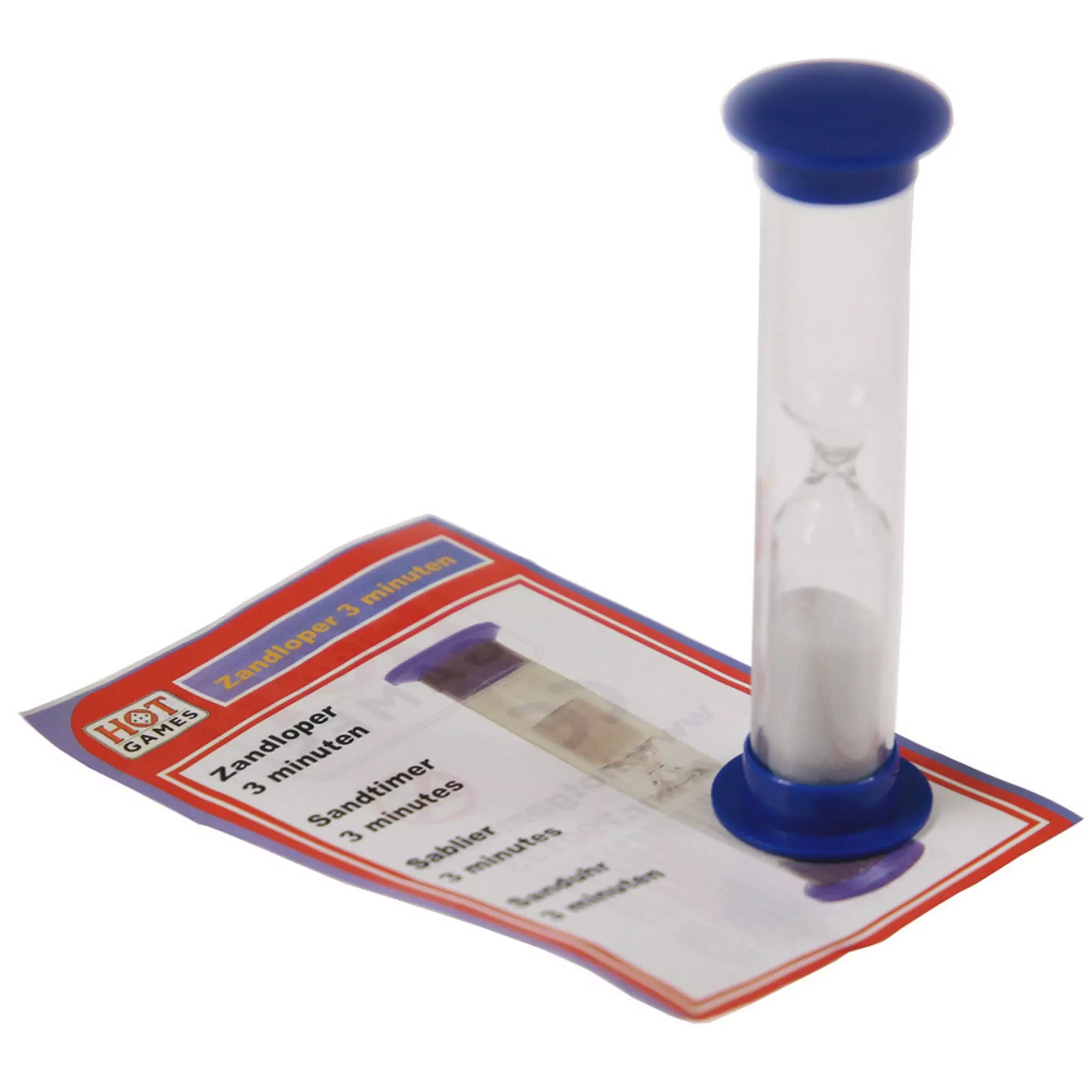 3 perces homokóra kék műanyag talppal és tetővel, mellette a gyári csomagolás lapja többnyelvű felirattal.