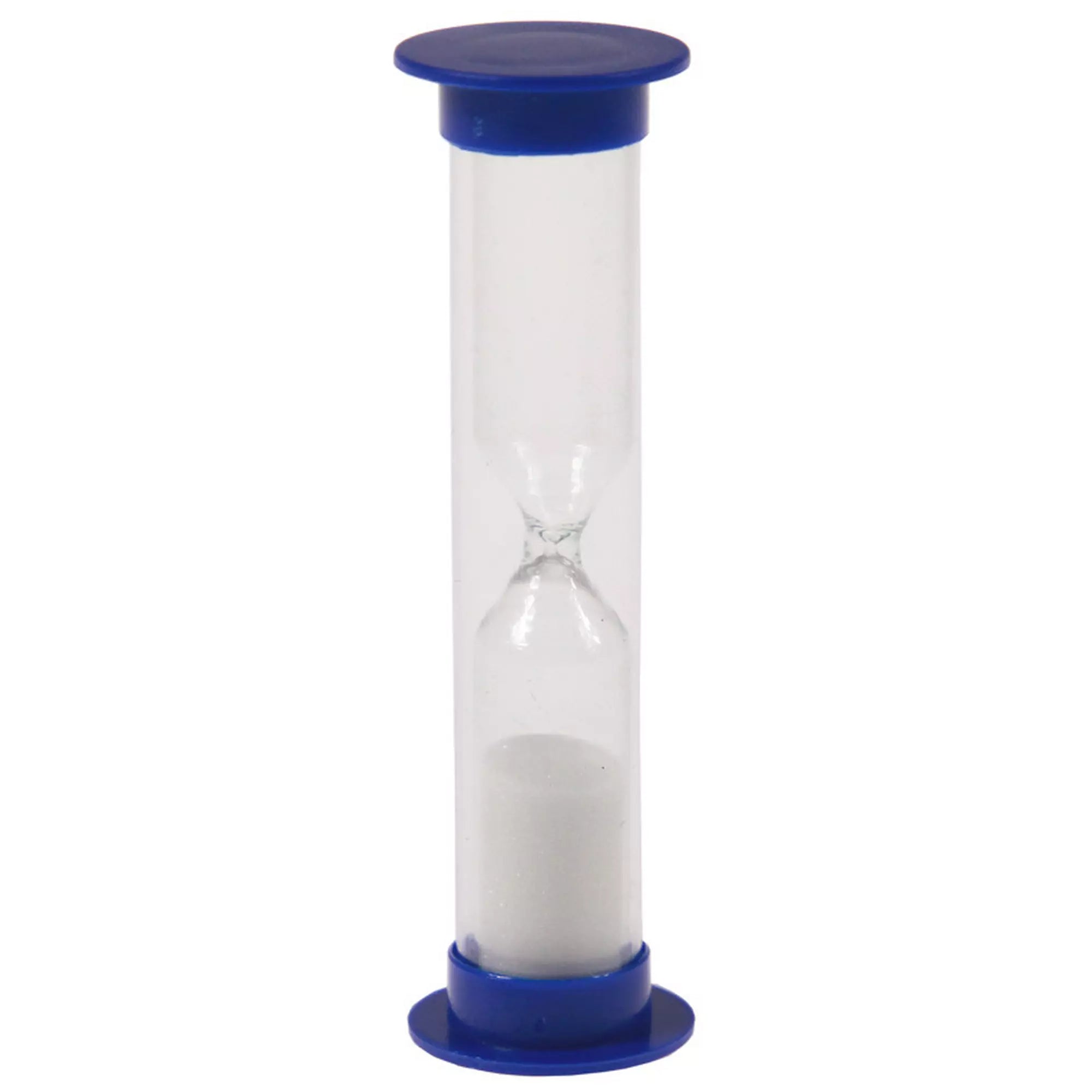 Átlátszó üvegtestű, fehér homokkal töltött 3 perces homokóra kék műanyag talppal és tetővel.