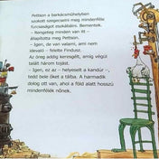 A „Ismered Pettson és Finduszt?” című könyv egyik belső oldala, amelyen színes illusztráció látható Pettson műhelyéből, egy zöld széken álló tyúkkal és furcsa szerkezettel, valamint a történet egy részlete olvasható magyarul.