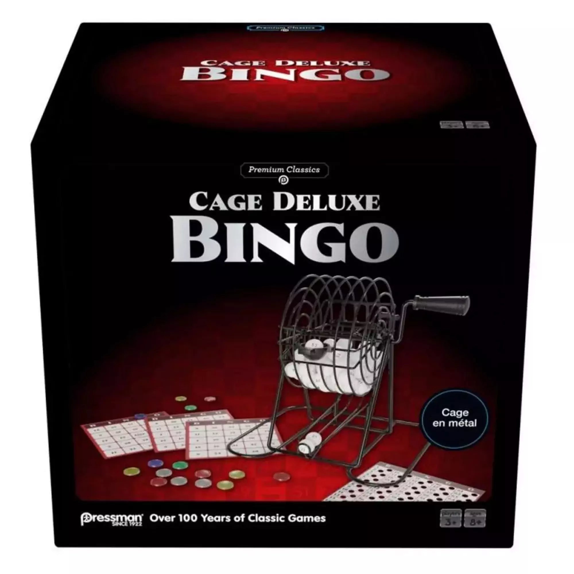 A Klasszikus Bingo, többnyelvű társasjáték Cage Deluxe változata fémből készült sorsolóval és színes játékelemekkel.