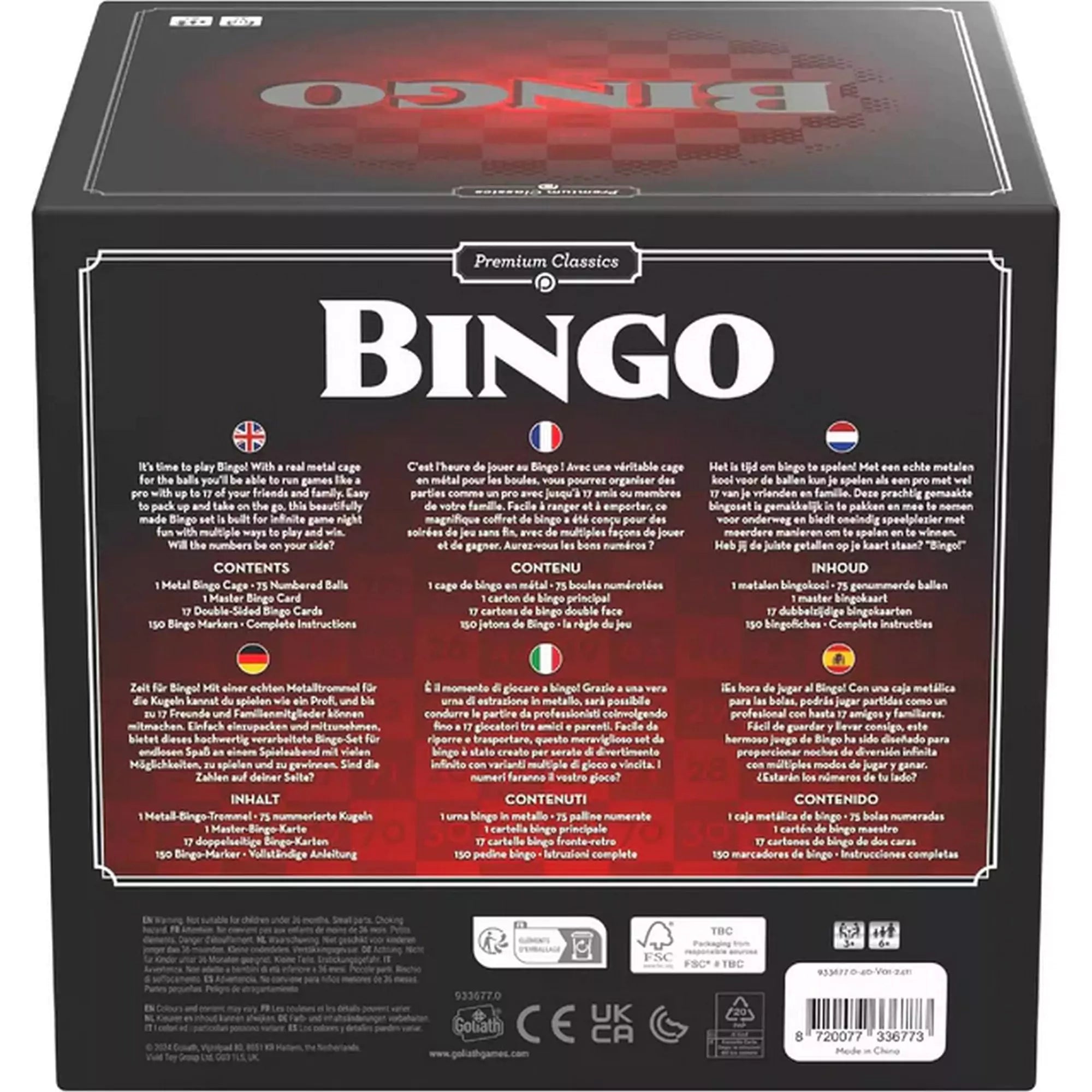 A Klasszikus Bingo, többnyelvű társasjáték dobozának hátoldala többnyelvű leírással és tartalomlistával.