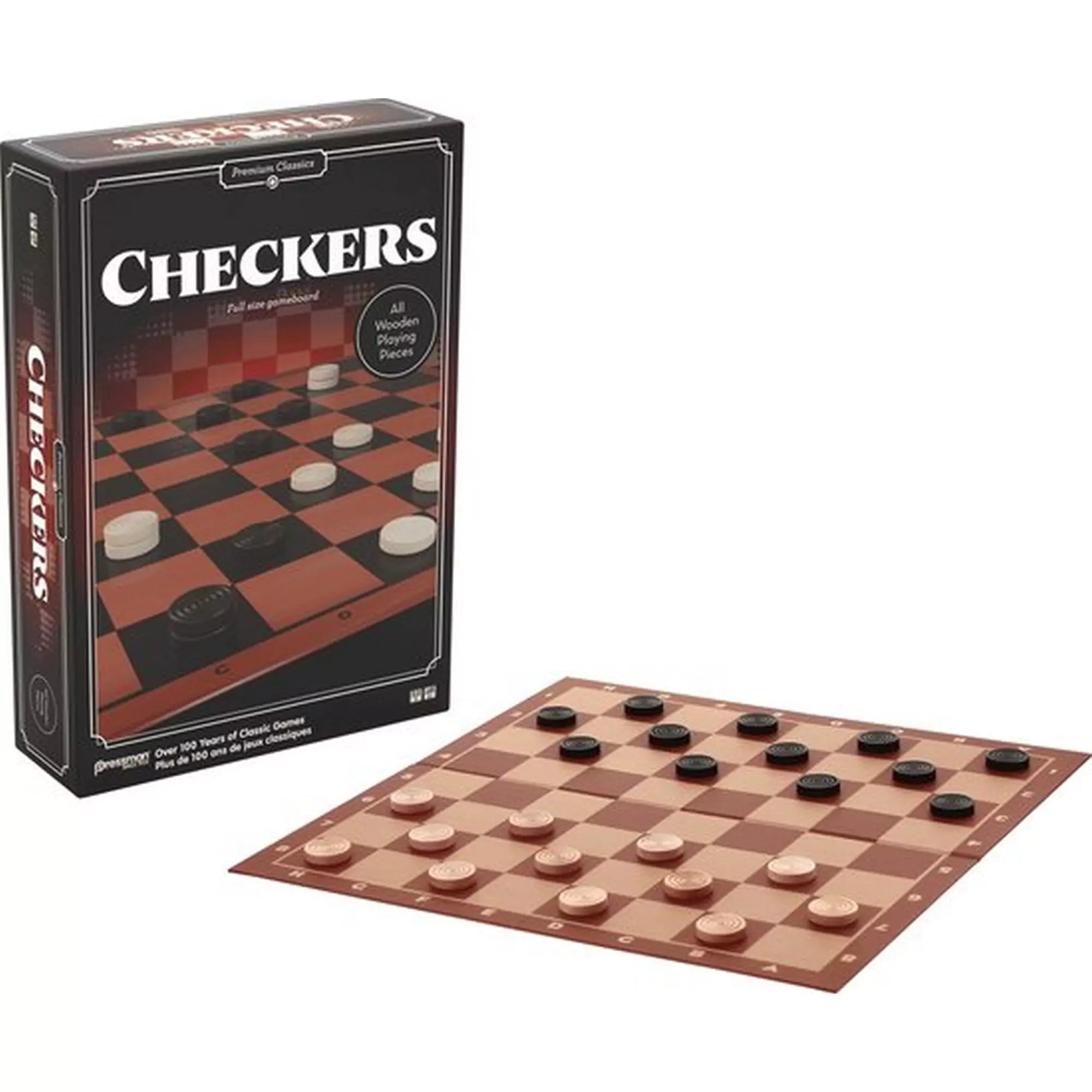 A Klasszikus Dáma, többnyelvű társasjáték doboza és kinyitott játéktáblája játékkorongokkal, induló állásban, barna-fekete színű sakktáblás mintával.