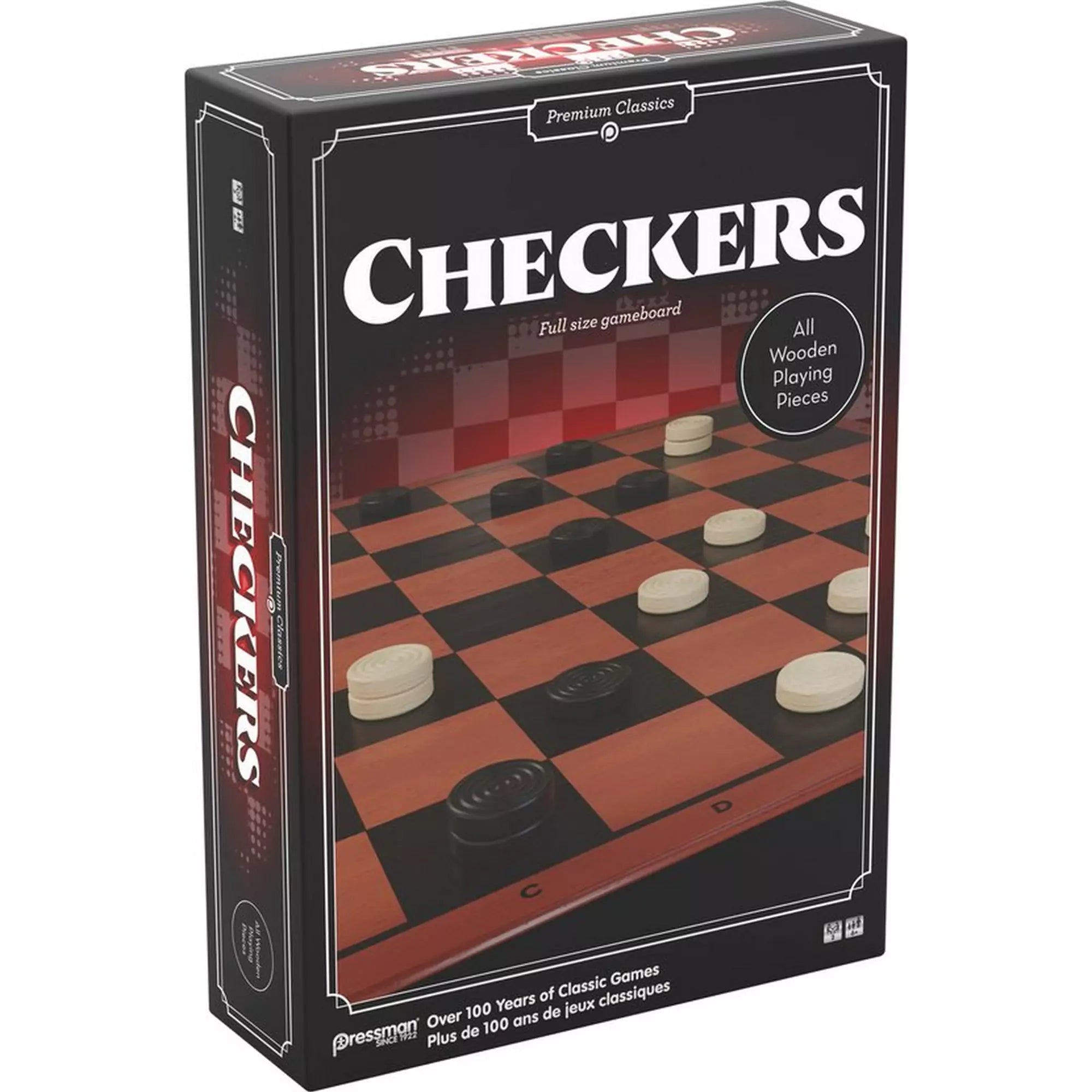 A Klasszikus Dáma, társasjáték doboza szemből, vörös-fekete háttérrel és fa hatású táblával, fehér és fekete játékkorongokkal.