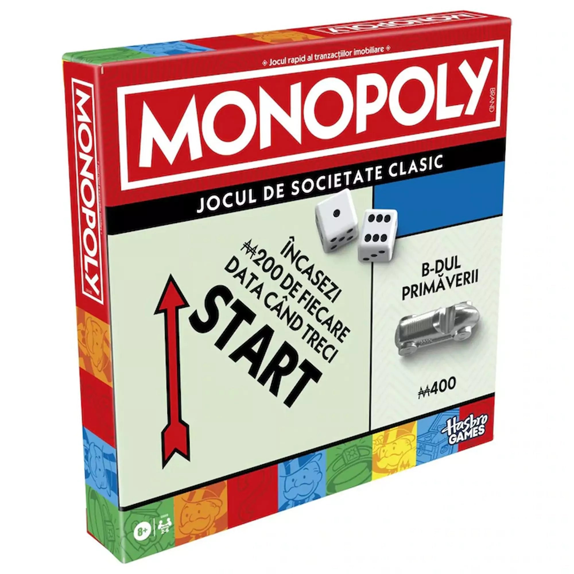 Monopoly Classic dobozkép román nyelven, START mezővel, dobókockákkal és a Hasbro Games logójával.
