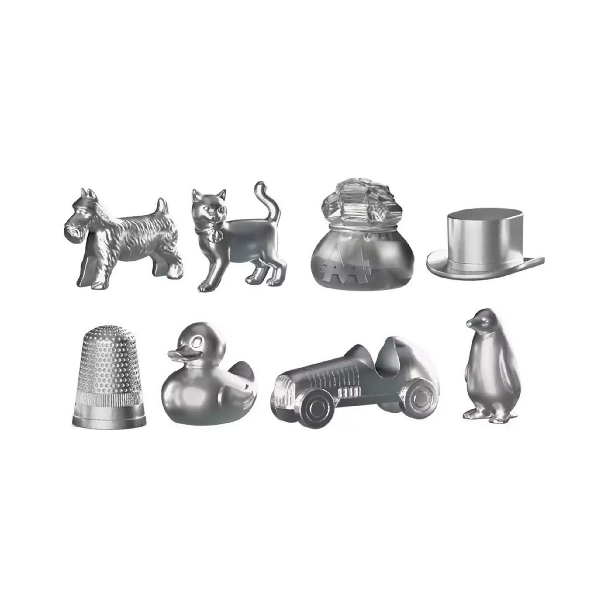 Monopoly Classic fém bábuk közelről: kutya, macska, autó, kalap, pingvin, kacsa, gyűszű és pénzeszsák.