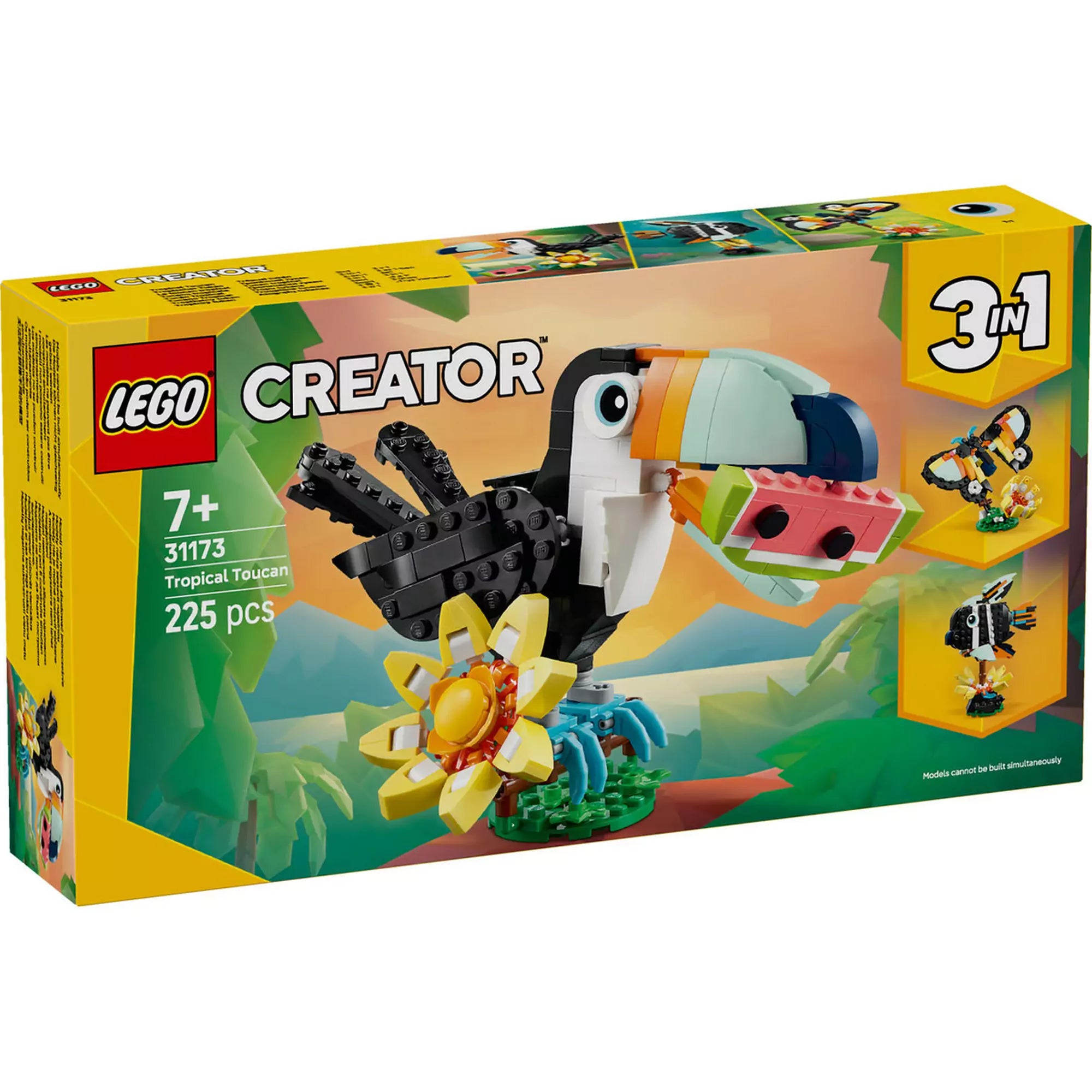 LEGO Creator: Vadállatok – Trópusi tukán (31173) dobozkép, a tukán dinnyeszelettel a csőrében és napraforgós ágon ülve látható.