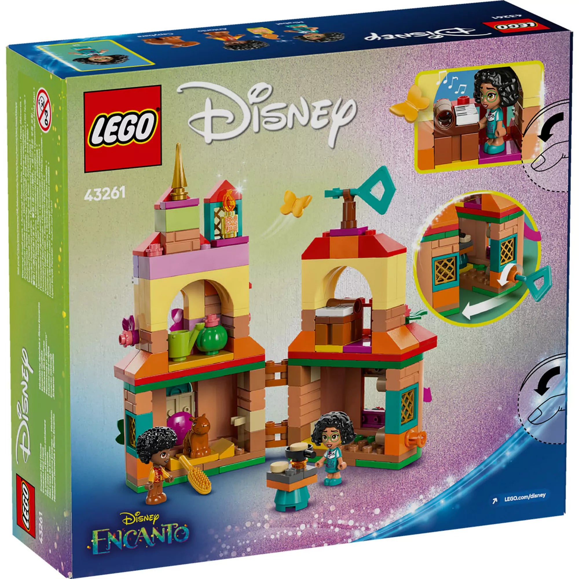 LEGO Disney Encanto miniház (43261) hátoldal - Belső részletek és játéklehetőségek megjelenítése.