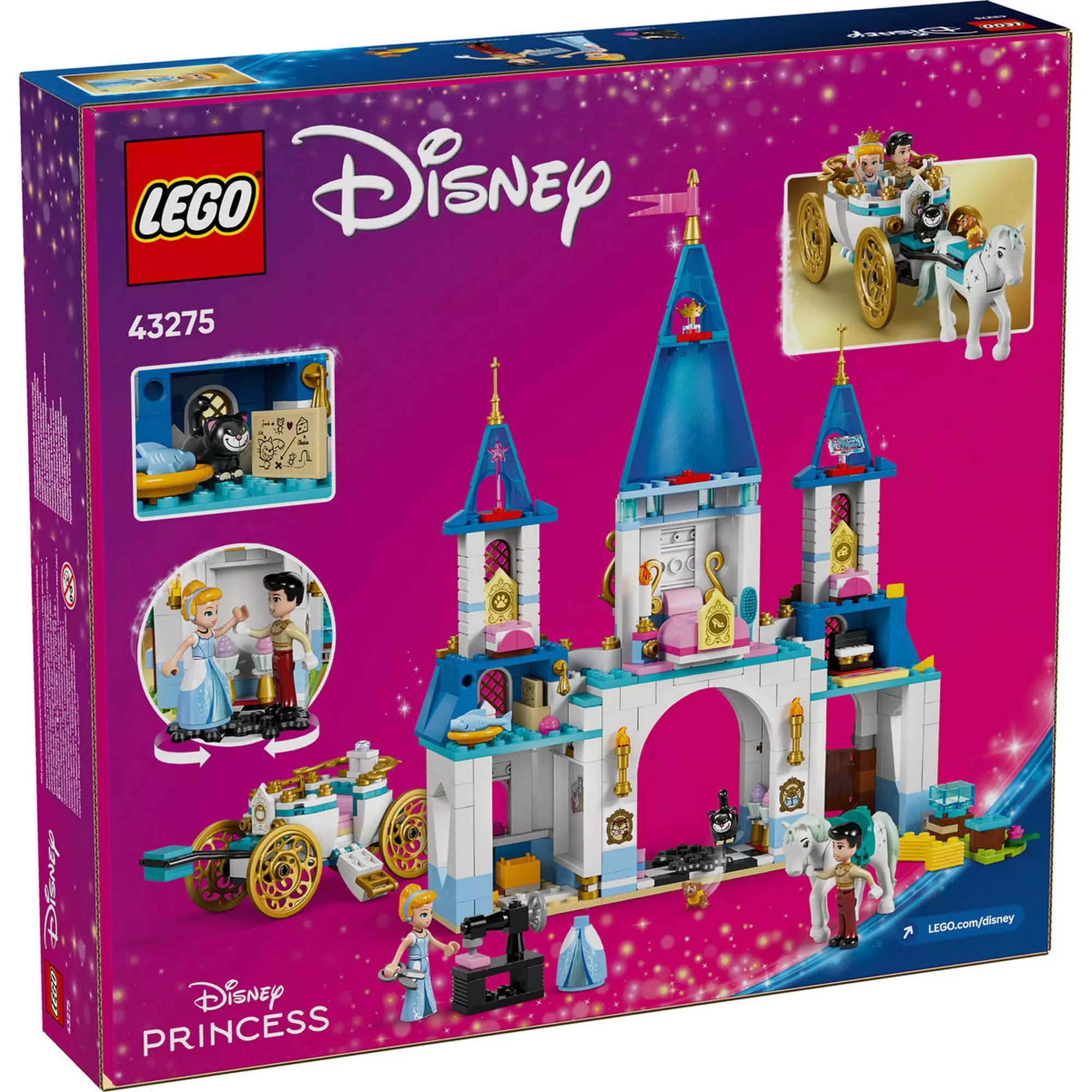 LEGO Disney Hamupipőke kastélya és hintója 43275 készlet hátoldala, részletes képekkel a játékelemekről és funkciókról.