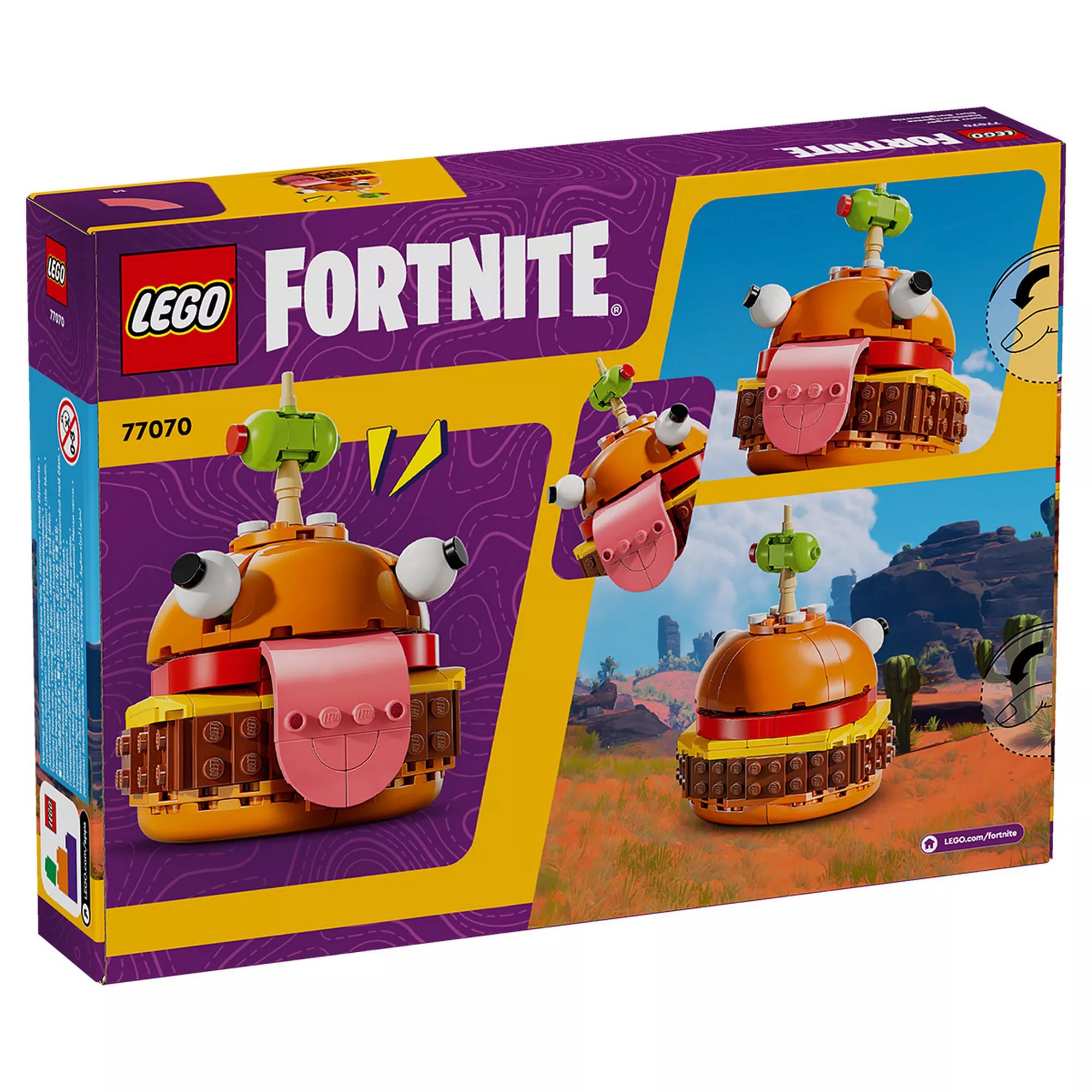 A LEGO Fortnite Durrr Burger (77070) doboz hátoldala, amely több nézetből mutatja a hamburgermodellt a Fortnite világában. A sivatagi háttérben látható a Durrr Burger különböző pózokban, a LEGO logóval és a játékmenet inspirációjával.