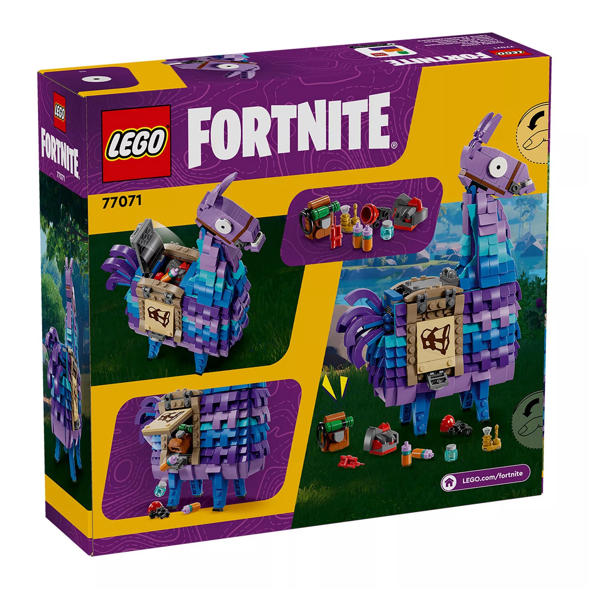 A LEGO Fortnite Supply Llama (77041) készlet dobozának hátoldala, több játékszituációval és részlettel. A képeken látható a láma mozgatható feje, nyitható teste és a játékhoz tartozó apró kiegészítők.