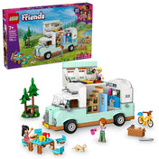 LEGO Friends: Barátság lakóautós kaland (42663) játékkészlet doboza és megépített elemei, köztük a lakóautó nyitható tetővel, karakterekkel és kempingfelszereléssel.