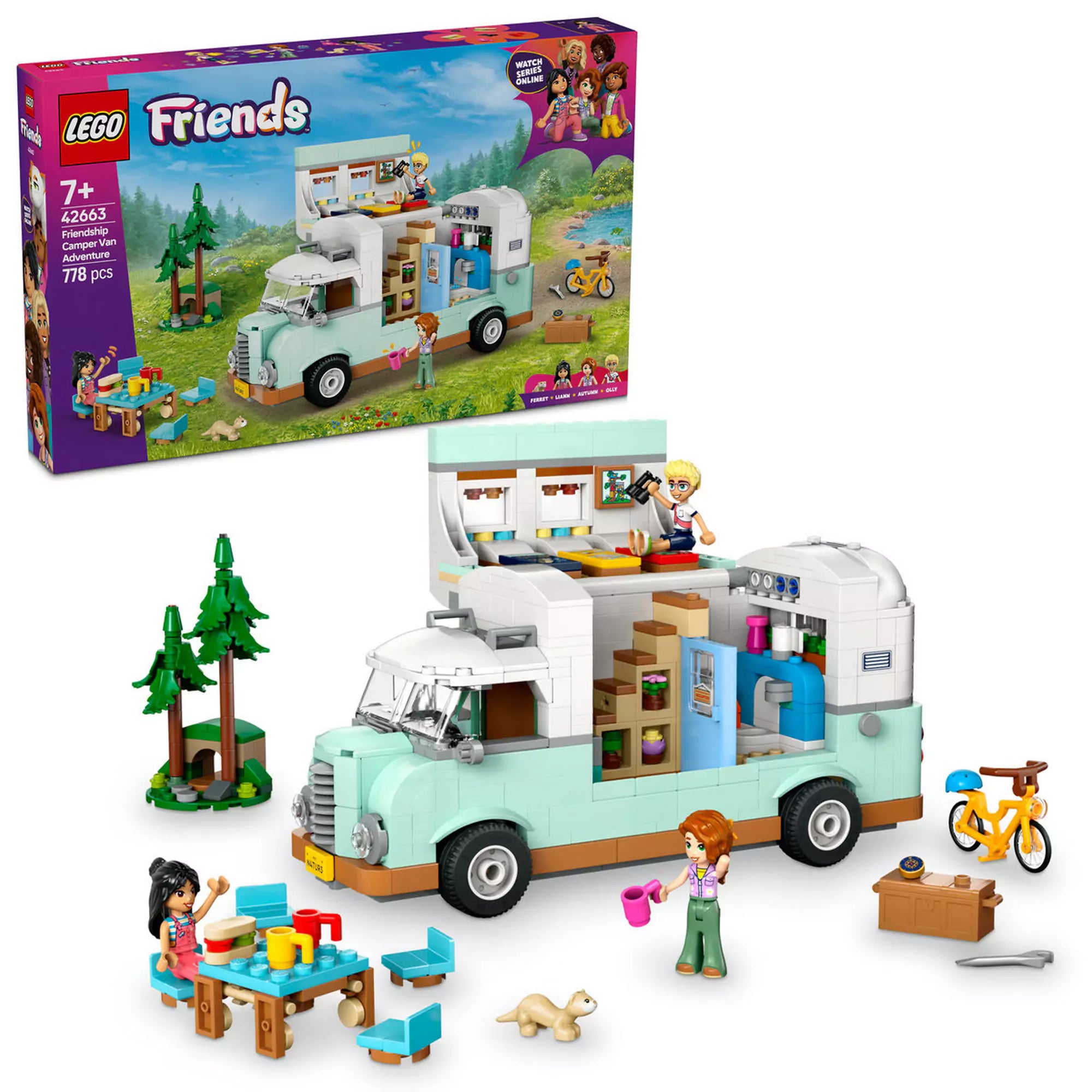 LEGO Friends: Barátság lakóautós kaland (42663) játékkészlet doboza és megépített elemei, köztük a lakóautó nyitható tetővel, karakterekkel és kempingfelszereléssel.