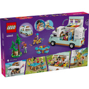 LEGO Friends: Barátság lakóautós kaland (42663) hátlap, a készlet funkcióit és játéklehetőségeit bemutató jelenetekkel, például piknikezés, biciklizés és alvótér.