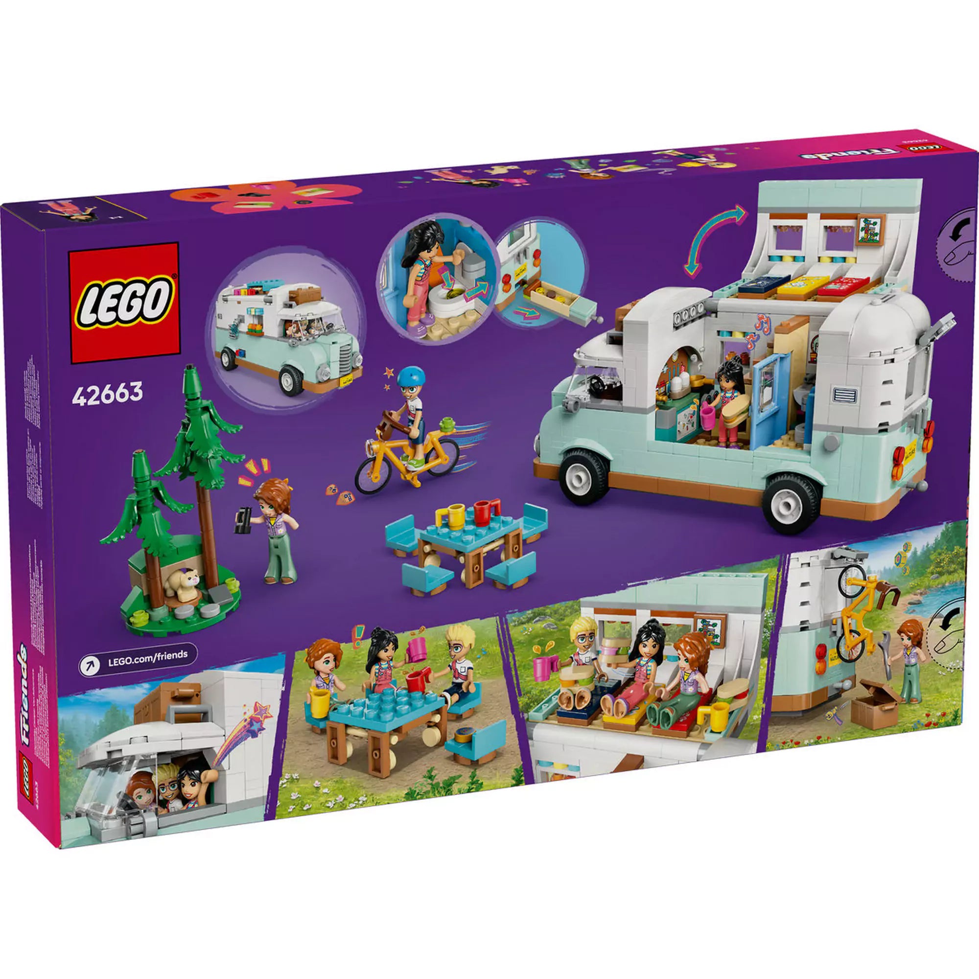 LEGO Friends: Barátság lakóautós kaland (42663) hátlap, a készlet funkcióit és játéklehetőségeit bemutató jelenetekkel, például piknikezés, biciklizés és alvótér.