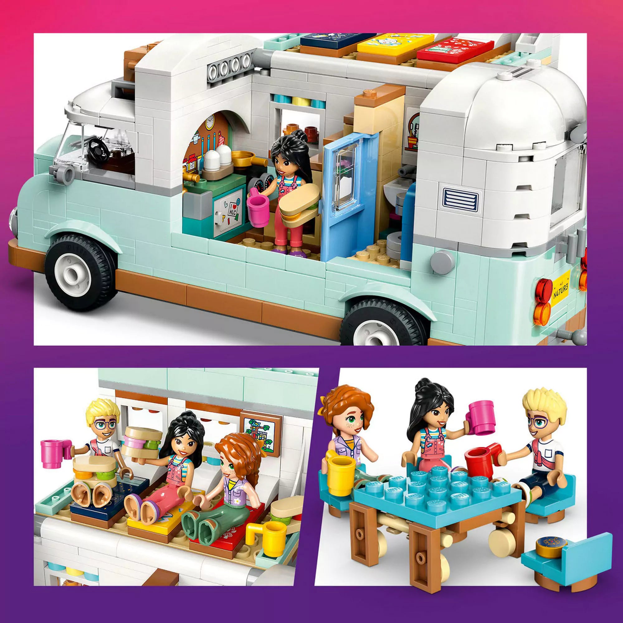 LEGO Friends: Barátság lakóautós kaland (42663) részletgazdag belső tér, ahol minifigurák főznek, teáznak és együtt időznek a nyitható lakóautóban.