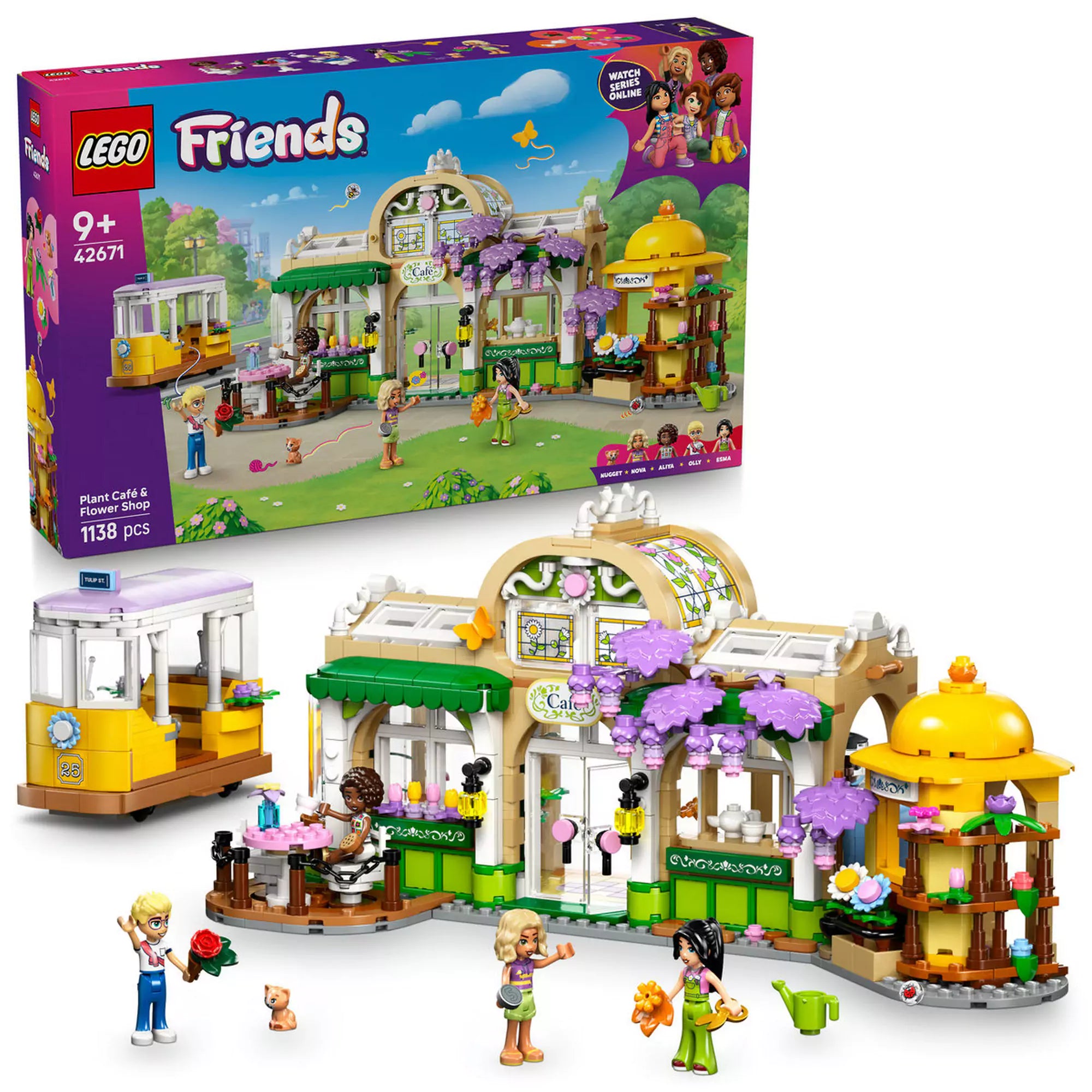LEGO Friends: Botanikus kávéház és virágbolt (42671) doboz és megépített modell egy képen, minifigurákkal és kreatív, virágos jelenettel.