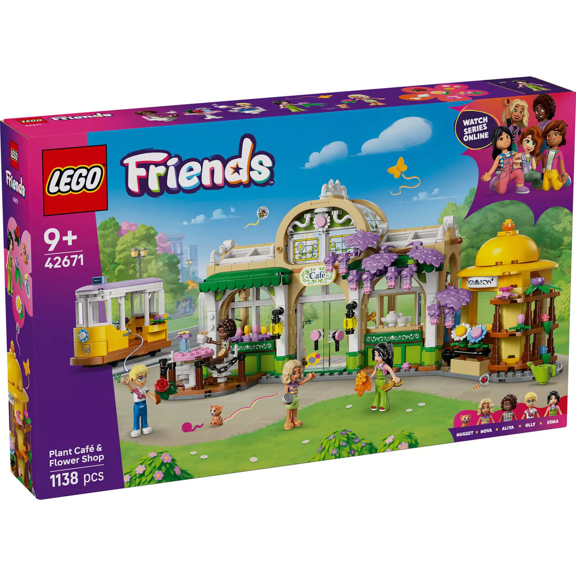 LEGO Friends: Botanikus kávéház és virágbolt (42671) dobozkép, a színes kávézóval, virágbolttal, villamossal és minifigurákkal zöld parkos háttérben.