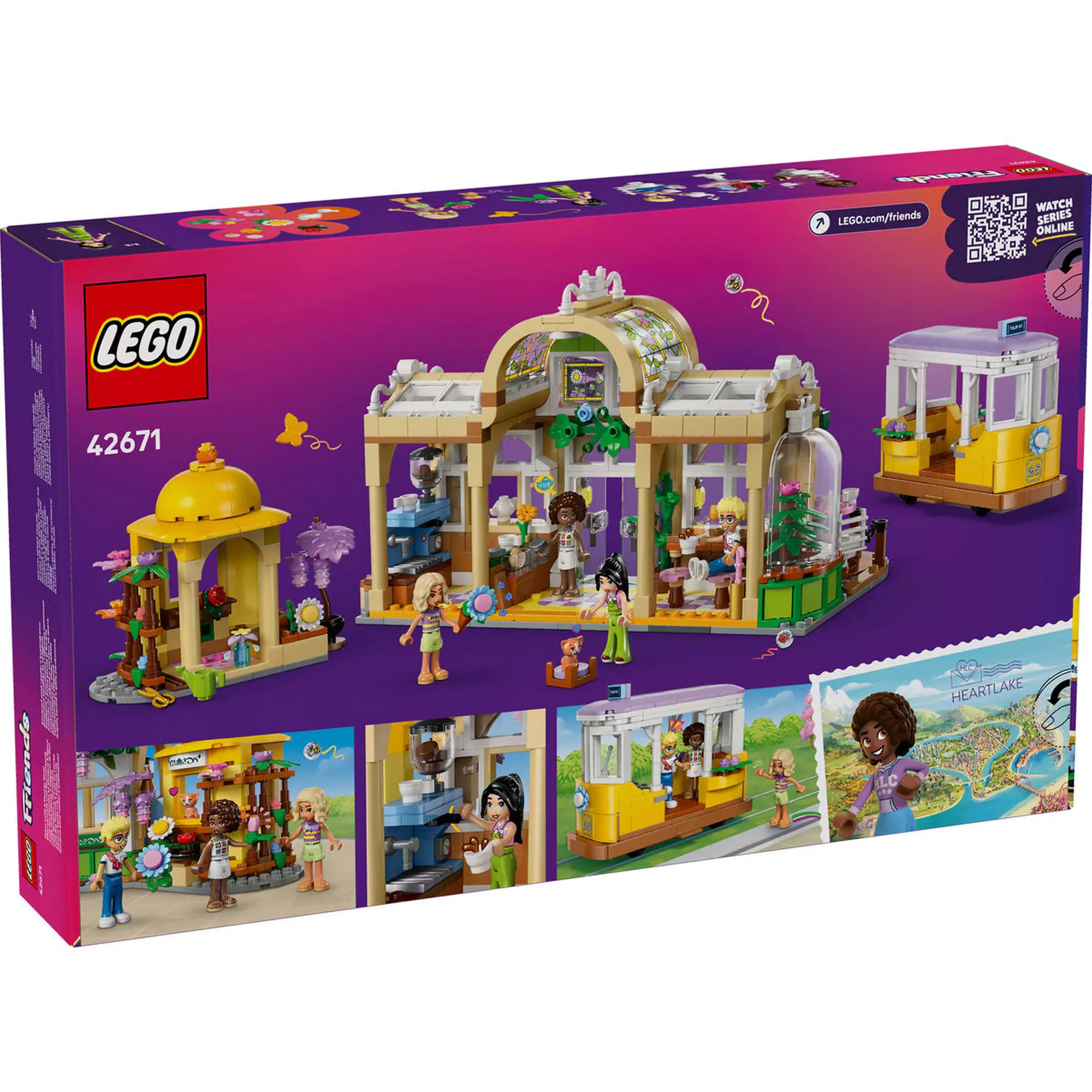 LEGO Friends: Botanikus kávéház és virágbolt (42671) hátlap, a készlet részleteivel: kávézó belső térrel, virágstand, villamos és játékjelenetek.
