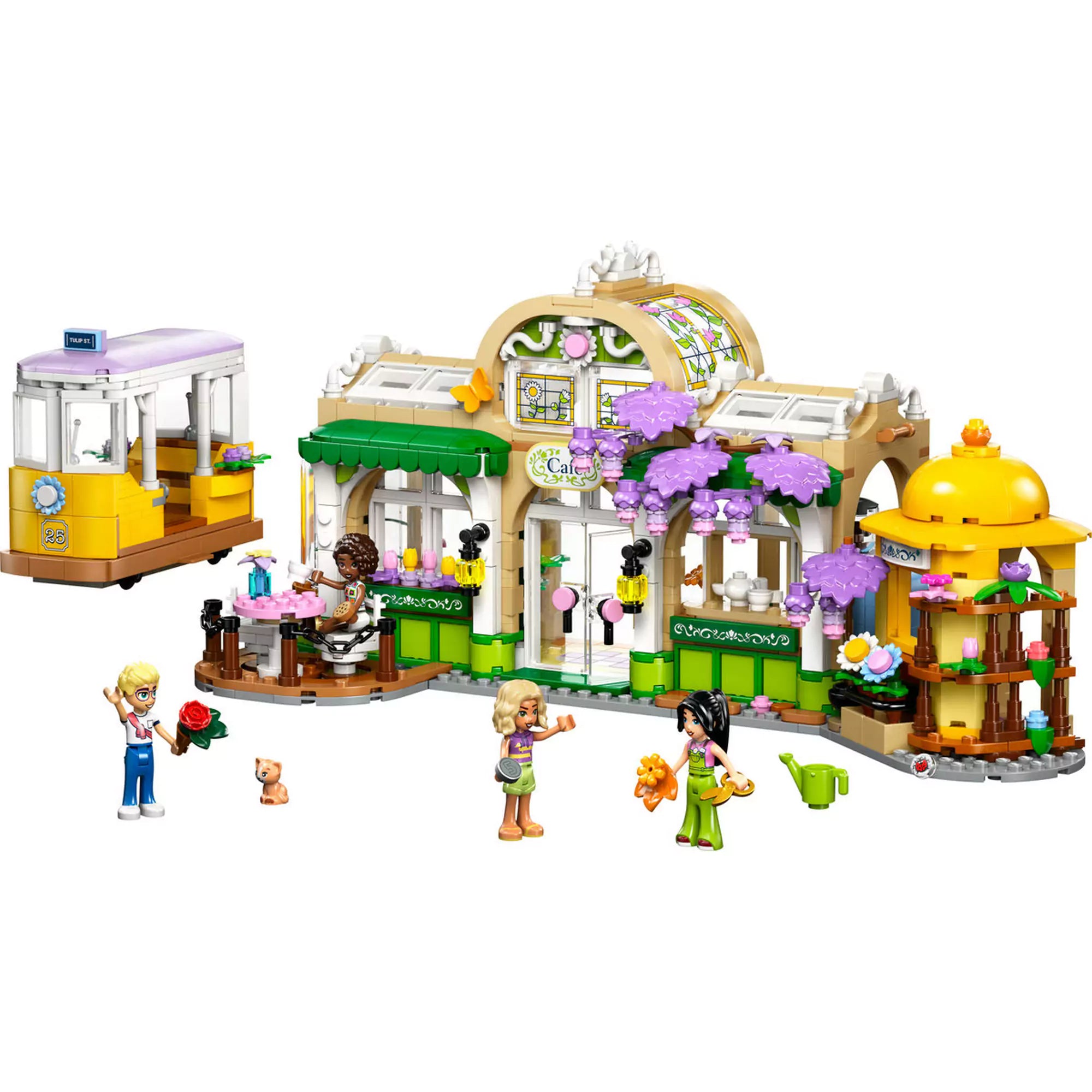 LEGO Friends: Botanikus kávéház és virágbolt (42671) teljes modell villamossal, kávézóval, virágbolttal és játszó karakterekkel színes jelenetben.