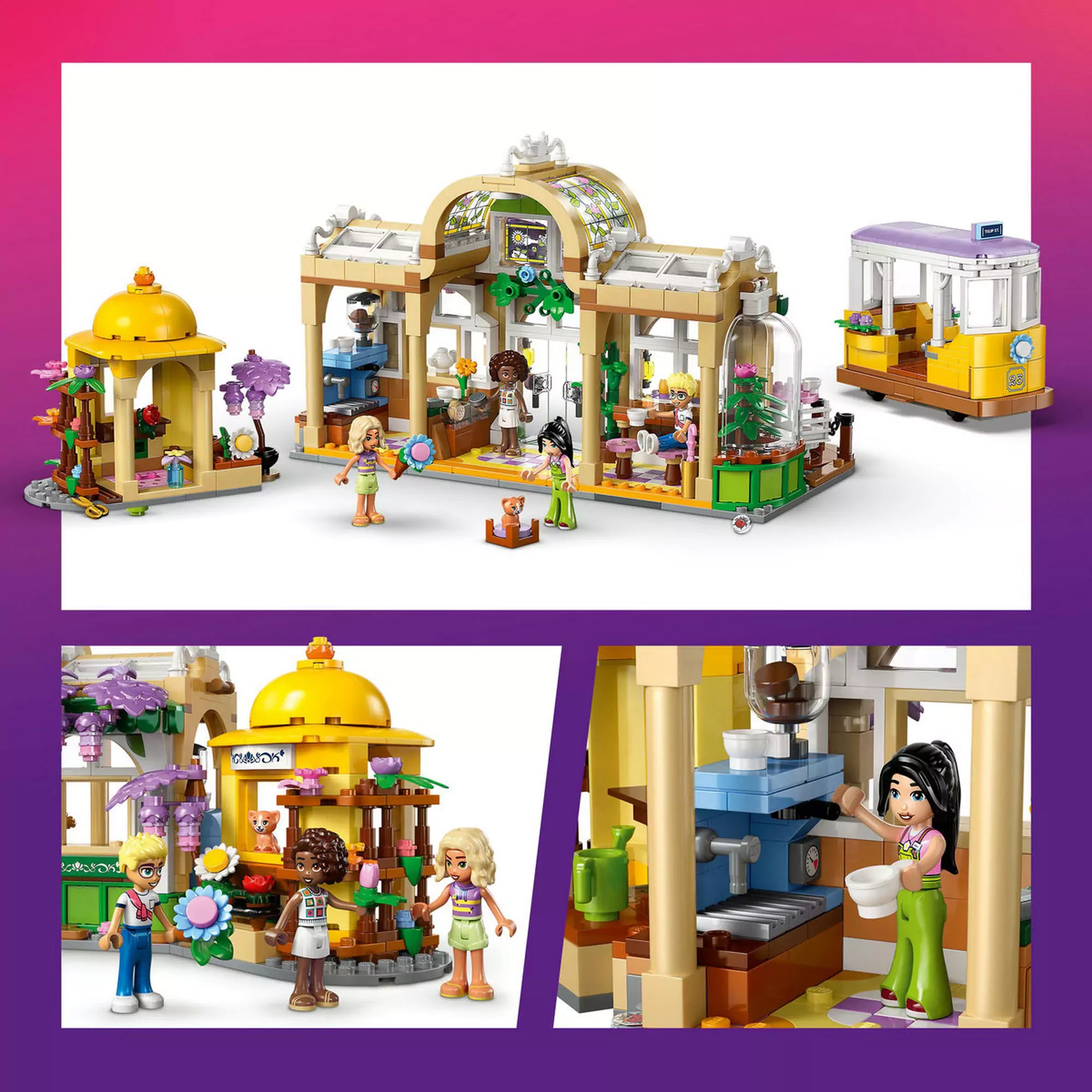 LEGO Friends: Botanikus kávéház és virágbolt (42671) épített készlet, kávéfőző gép, virágstand, minifigurák és részletgazdag virágdíszek.