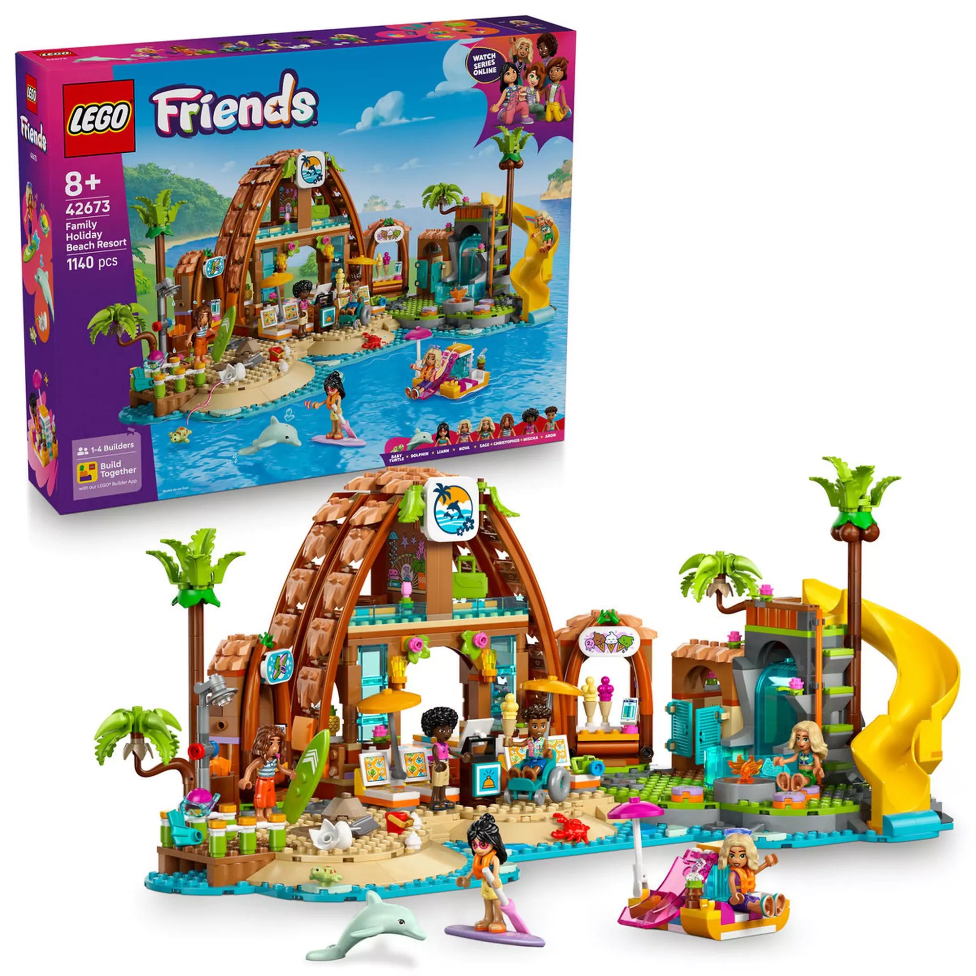 LEGO Friends: Családi vakáció a tengerparti nyaralóban (42673) doboz és a megépített nyaralókészlet csúszdával, figurákkal és delfinnel.