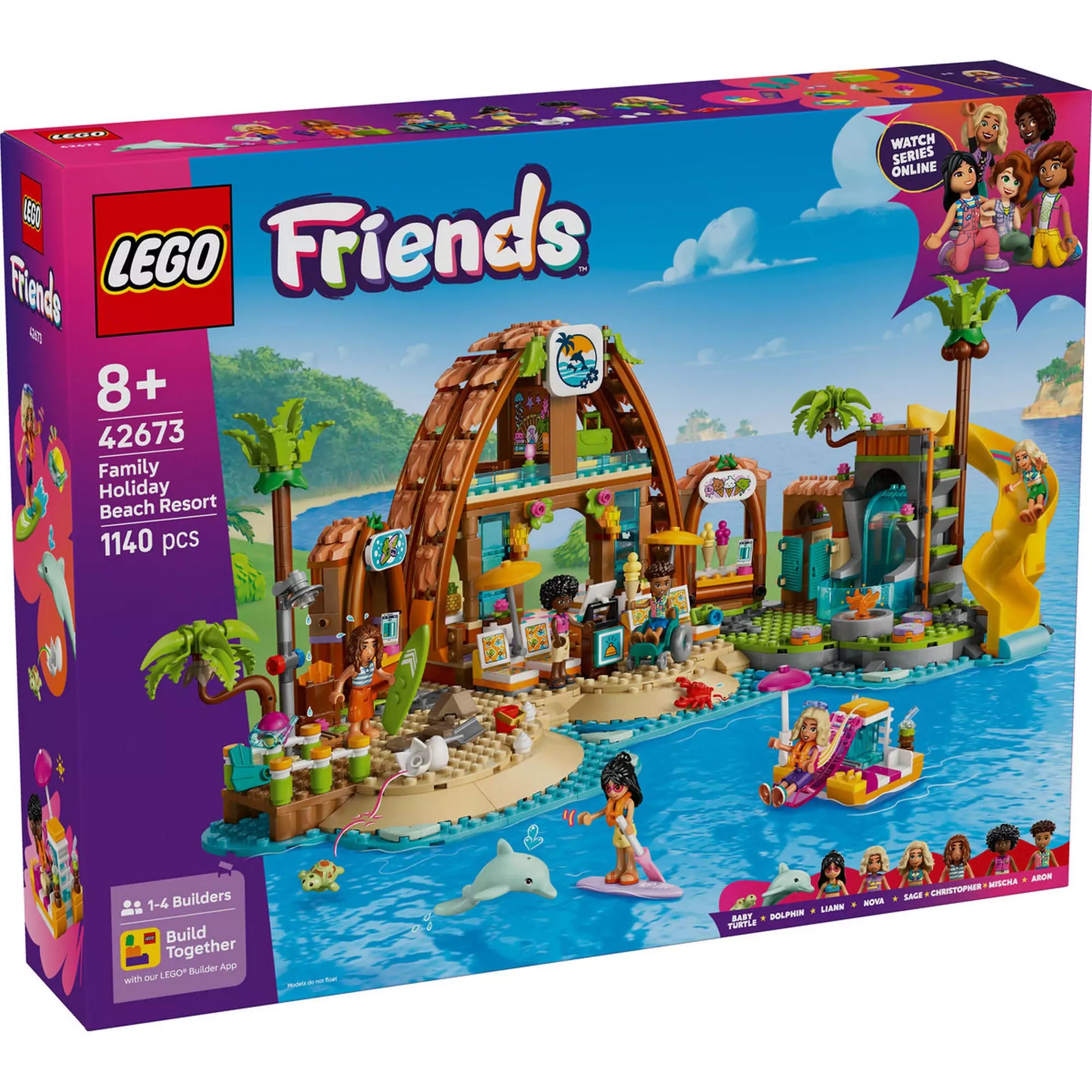 LEGO Friends: Családi vakáció a tengerparti nyaralóban (42673) doboz, 1140 darabos készlet tengerparti üdülővel, delfinnel és minifigurákkal.