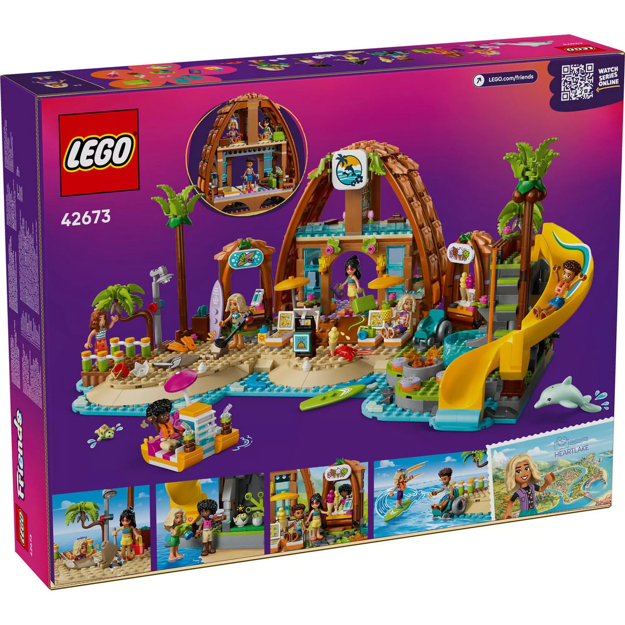 LEGO Friends: Családi vakáció a tengerparti nyaralóban (42673) készlet dobozának hátoldala, részletes játékleírással és jelenetképekkel.