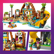 LEGO Friends 42673 nyaraló épület, csúszda, fagyiárusító stand és vízi jelenetek a minifigurákkal és delfinnel.