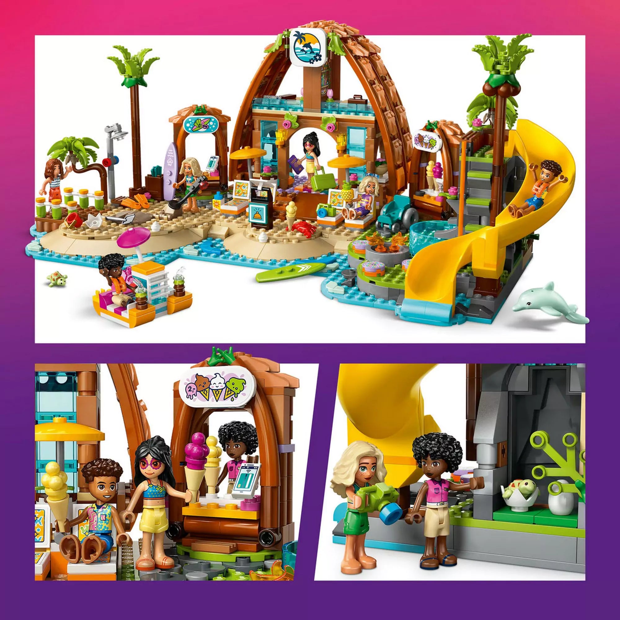 LEGO Friends 42673 nyaraló épület, csúszda, fagyiárusító stand és vízi jelenetek a minifigurákkal és delfinnel.