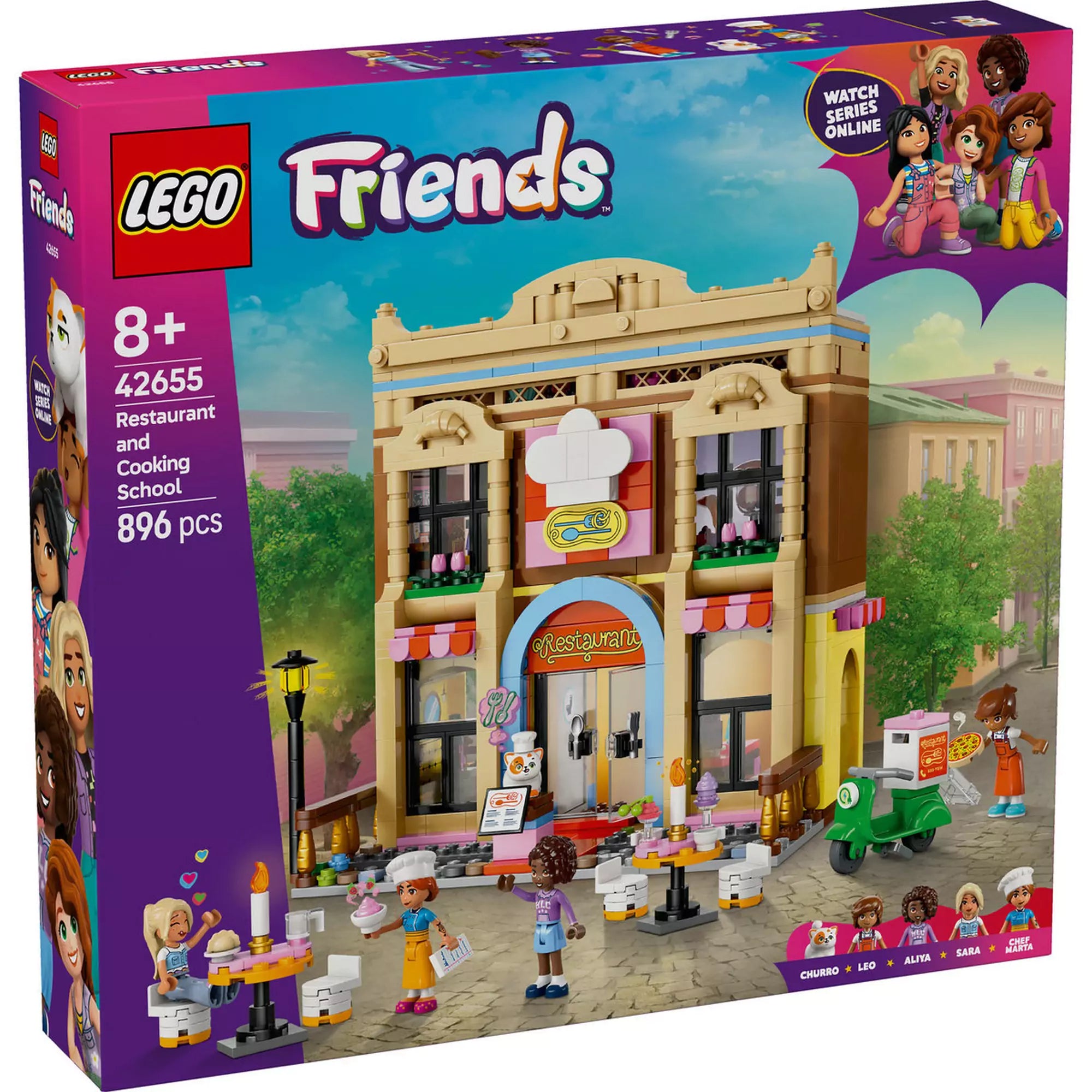 A LEGO Friends Étterem és főzőiskola 42655 készlet színes doboza, amely bemutatja a játék részleteit és tartalmát.