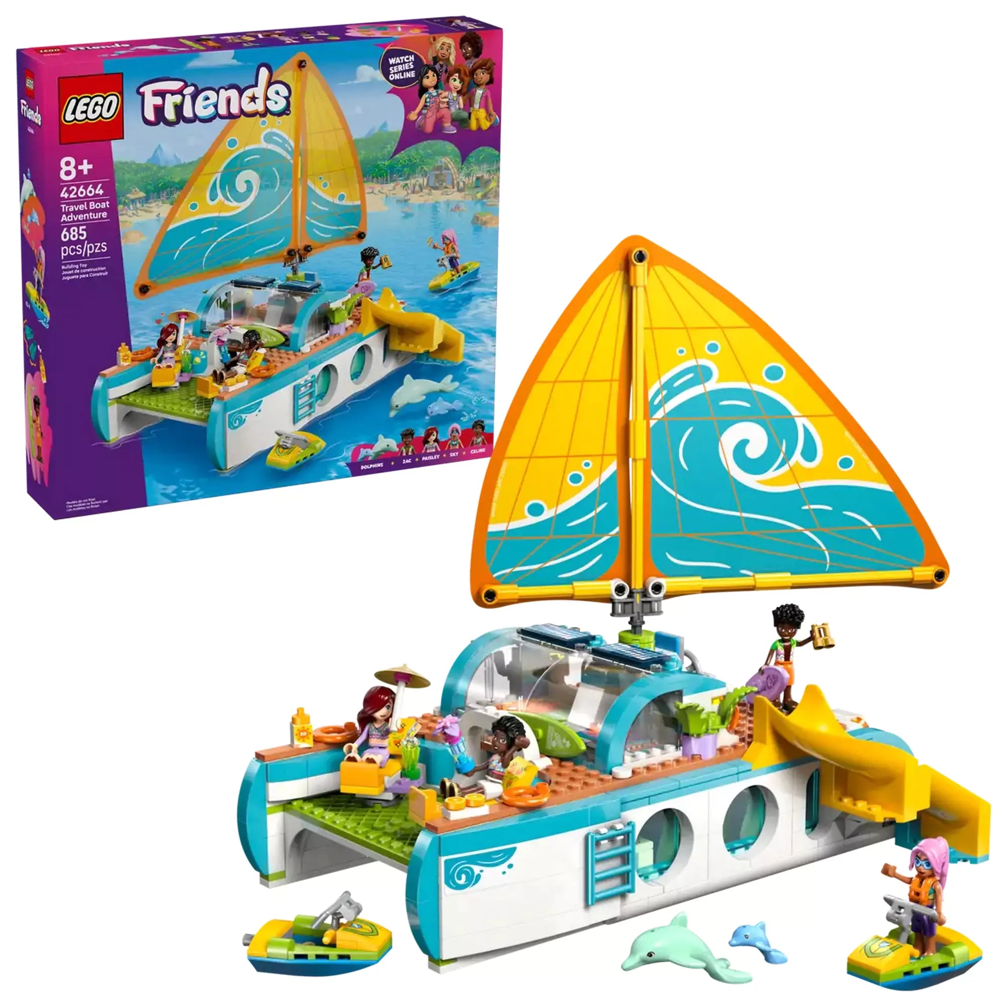 LEGO Friends: Hajós kirándulás és kaland (42664) termékdoboz és hajómodell együtt, barátságos nyári jelenettel és delfinekkel.