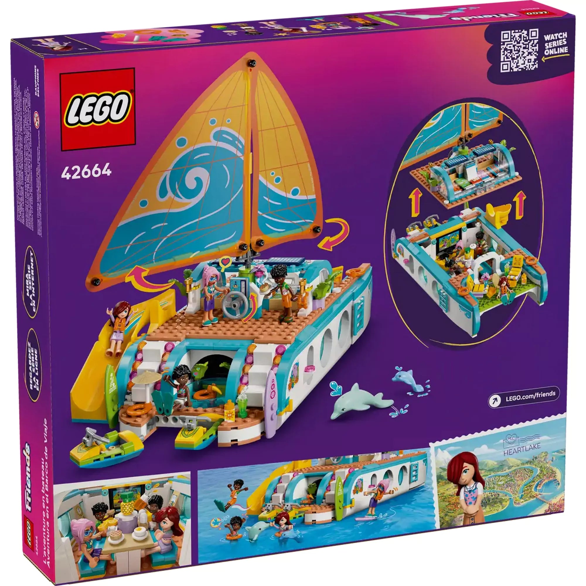 LEGO Friends: Hajós kirándulás és kaland (42664) doboz hátoldali nézete, nyitható fedélzettel és hajóbelső jelenetekkel.