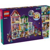 LEGO Friends Heartlake City lakások és üzletek 42670 doboz hátoldala, részletezve a lakások és üzletek belső kialakítását.