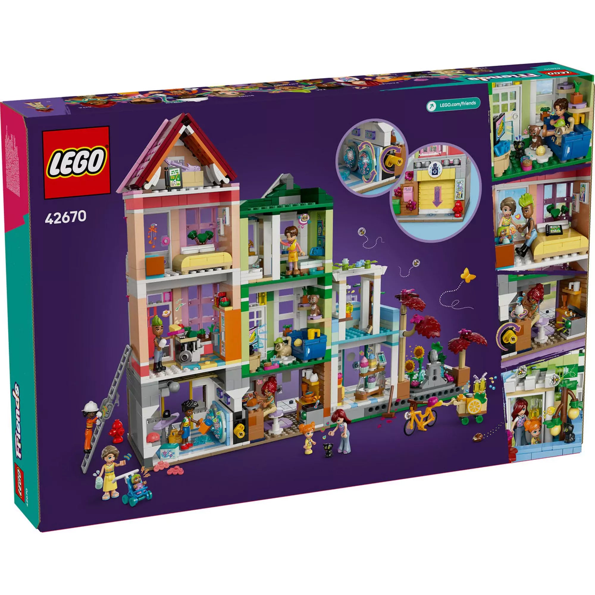 LEGO Friends Heartlake City lakások és üzletek 42670 doboz hátoldala, részletezve a lakások és üzletek belső kialakítását.