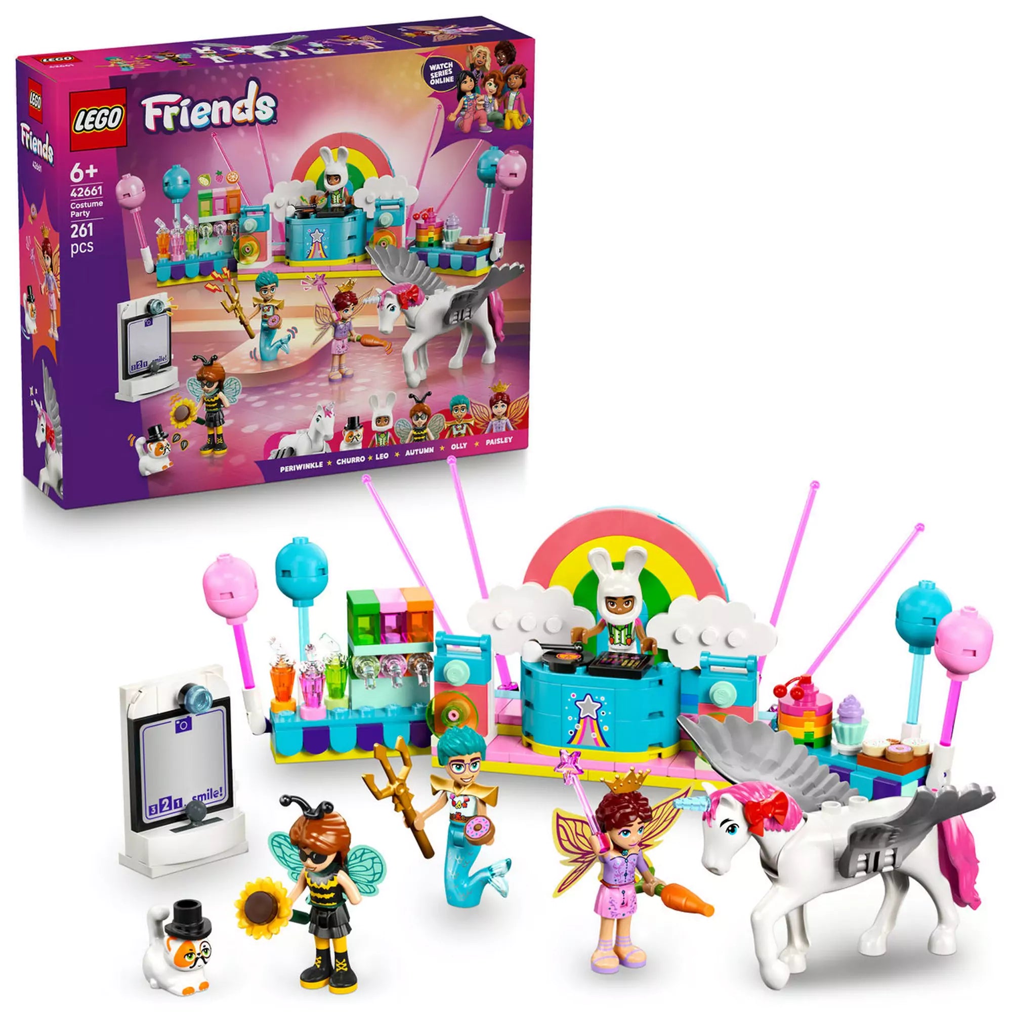 LEGO Friends Jelmezes buli egyszarvúval és tündérrel (42661) készlet a dobozzal, karakterekkel, DJ-pulttal és repülő egyszarvúval.